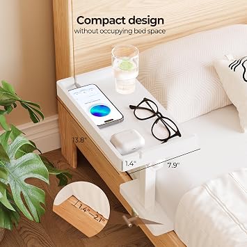 Wealone Adjustable Bedside Shelf for Bed, White College Dorm Room Essentials, Bamboo Bed Side Tray Table with Sturdy Metal Pole, Clip On Nightstand Organizer for College, Apartment, Bunk Beds