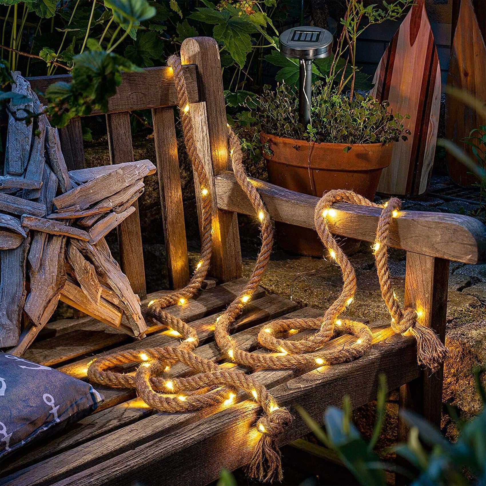 Solar Lichterkette Seil Aussen Wetterfest Sisalstern Beleuchtet Lampe Vintage LED Hanfseil Gartenleuchte Deko für Garten Terrasse Balkon Bäume Weihnachten (10M 200 LED)