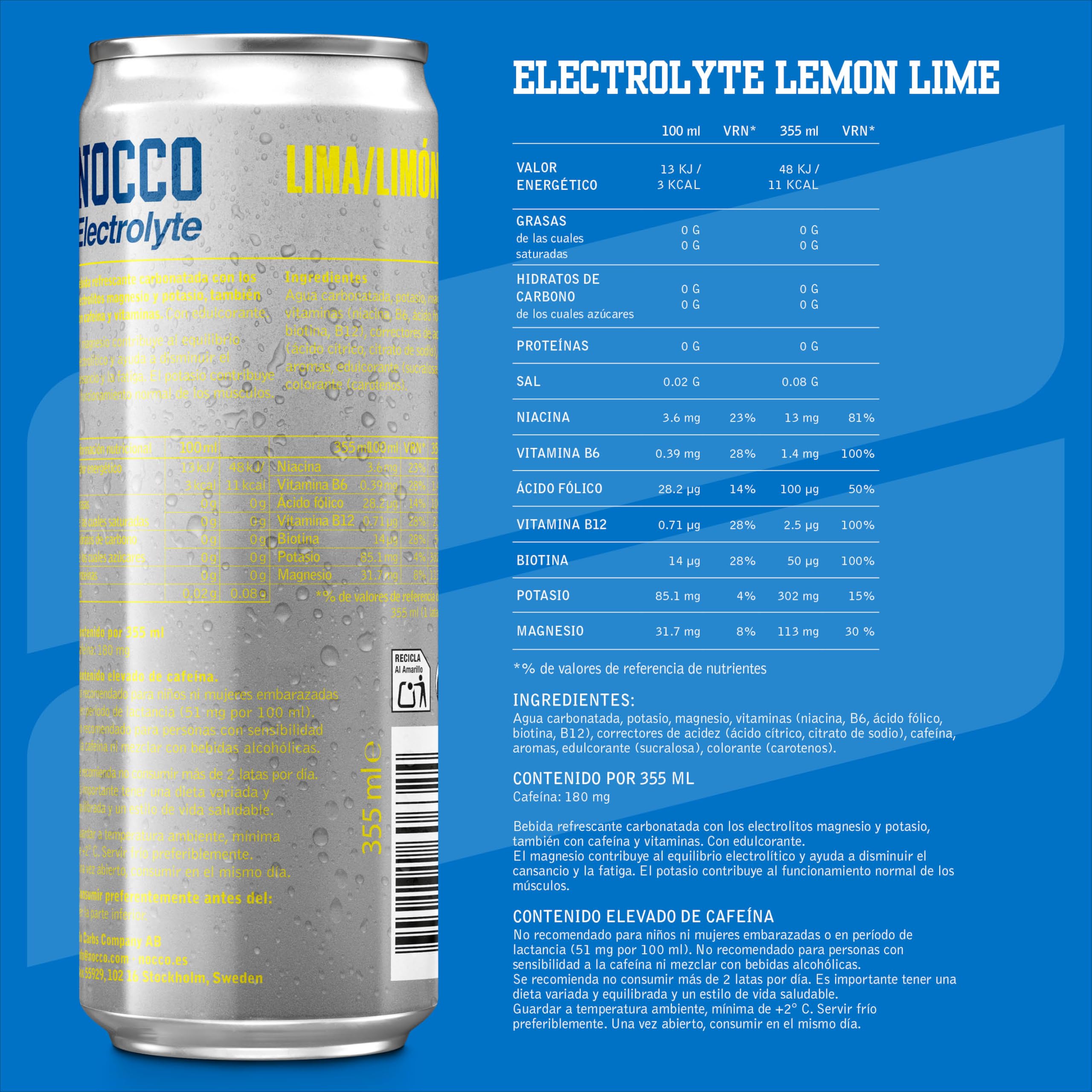 NOCCO Electrolyte Bebida Energética – con Magnesio y Potasio, 180 mg Cafeína, Sin Azúcar, con Vitaminas – 24 x 330 ml (Lemon/Lime)