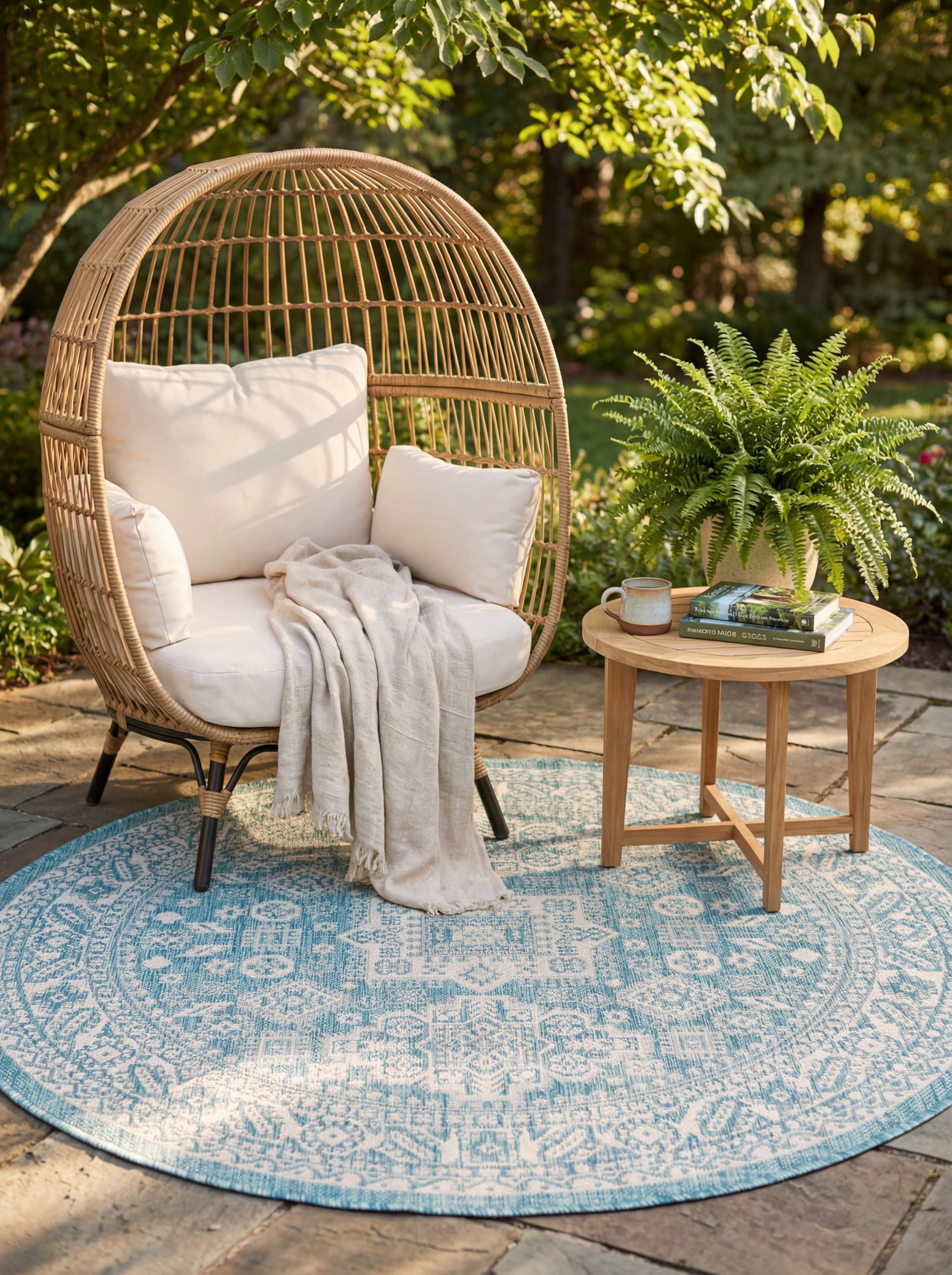 Rugs.com Outdoor Aztec Collection Rug – 5 Ft Round Aqua Flatweave Rug Perfect for Kitchens, Dining Rooms