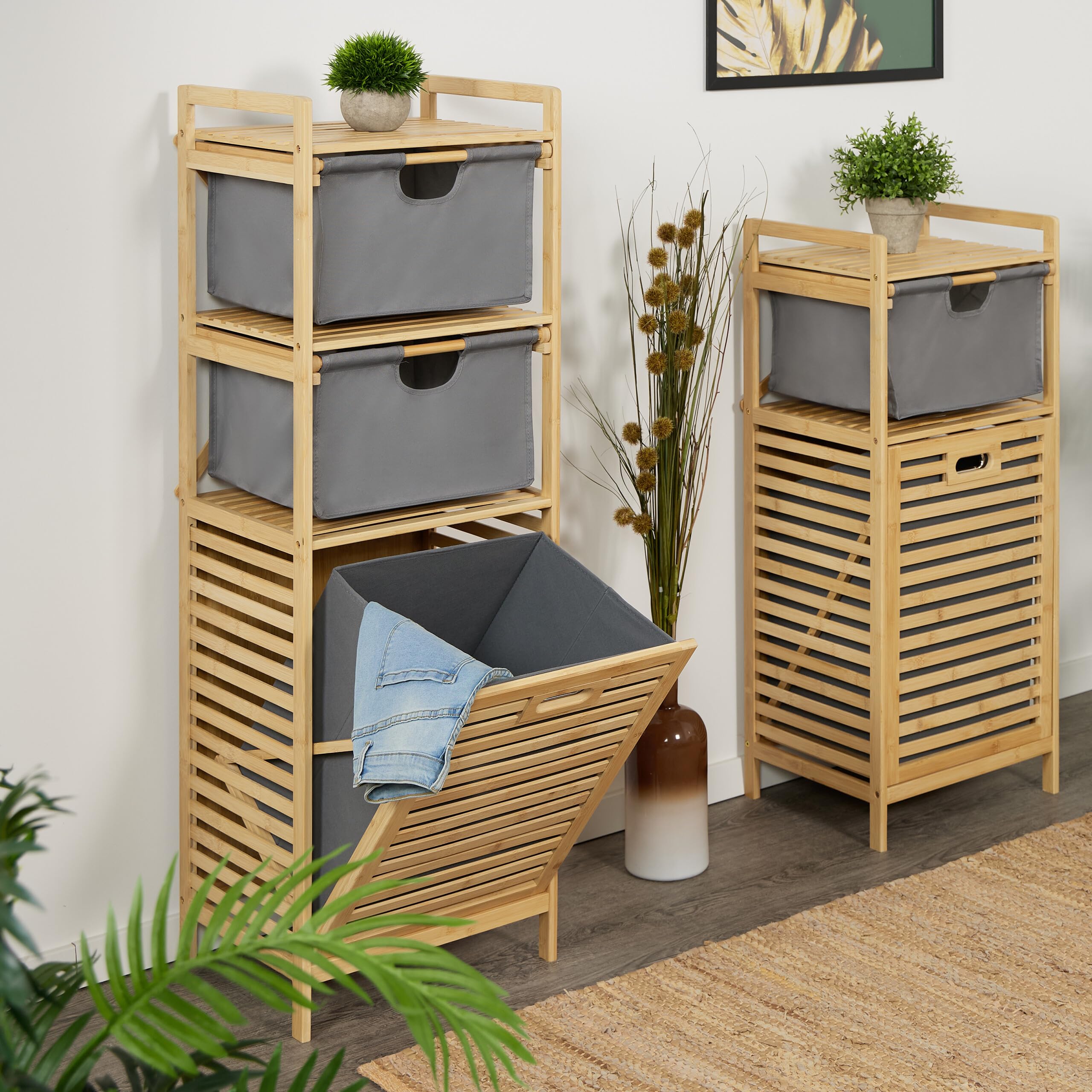 Relaxdays Scaffale Portabiancheria da Bagno, Cesto per Biancheria 30 L e 2 Cassetti, HLP: 120x40x33 cm, bambù, Naturale