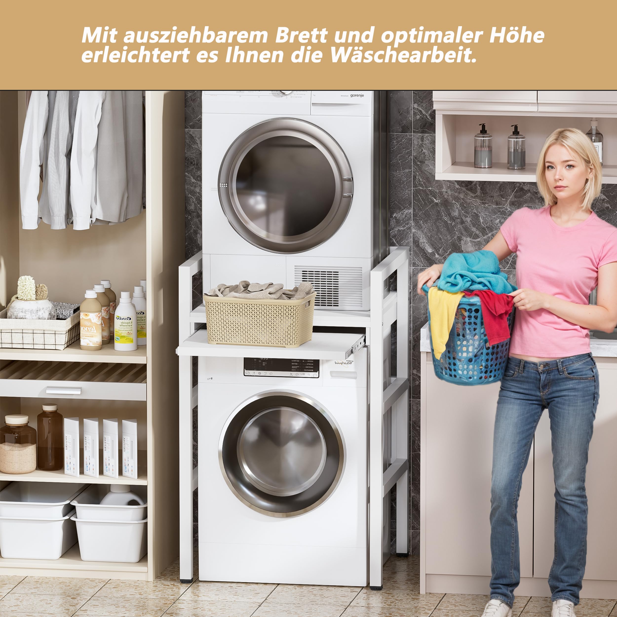 MSFE Estantería Lavadora con Tablero de Estante, Soporte de Altura Ajustable para Secadora,Universal Kit de Soporte Secadora sobre Lavadora, Capacidad de Carga 350kg,73*64*115cm,Producto Patentado