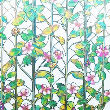 Floral Fence Stained Glass Window Film Privacy Reusable Cover 17.5x78.7in | Decal Tint Decor Kitchen Cabinet Sidelight Sun Blocking Light Filtering Glare Reduction Heat Control Removable