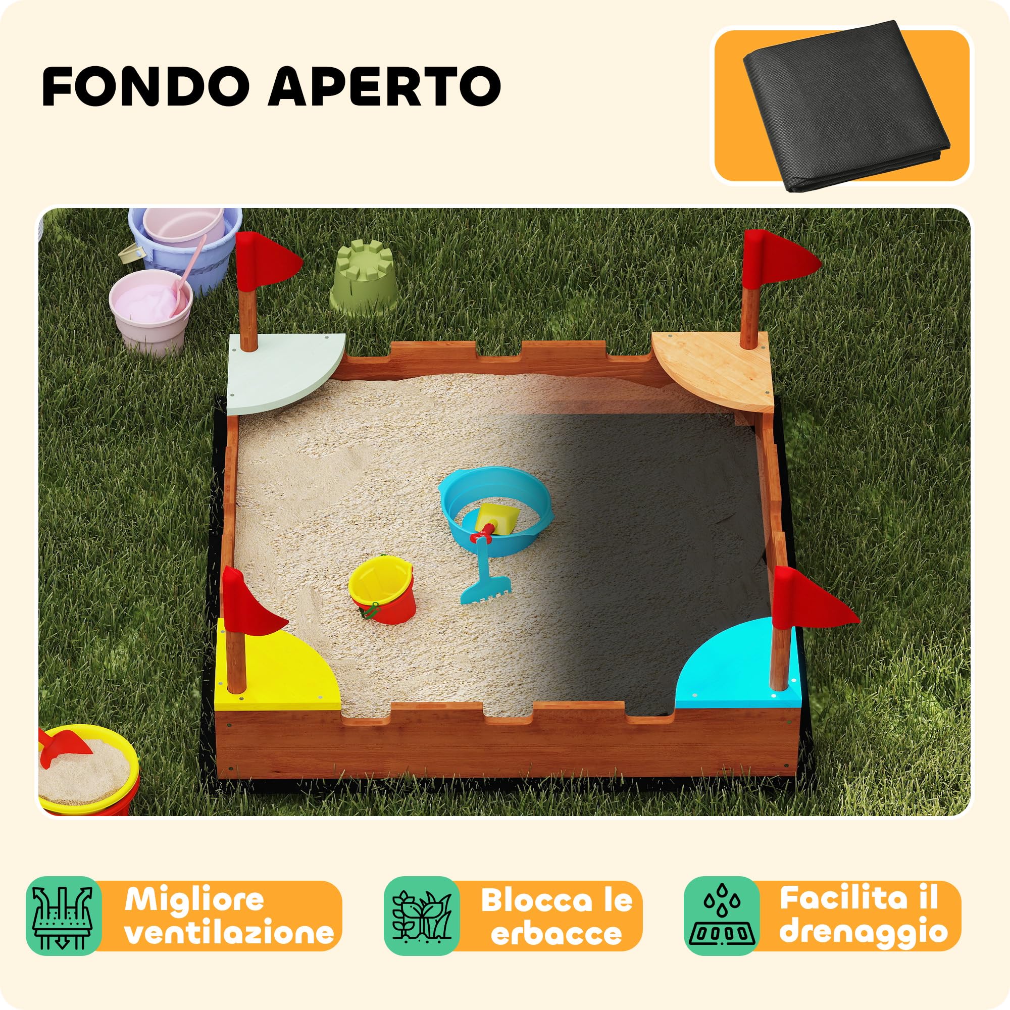 AIYAPLAY Sabbiera per Bambini 3-7 Anni a Forma di Castello con 4 Sedute con Bandierine, Sabbionaia per Bambini in Legno di Abete, 90x90x17 cm, Multicolore