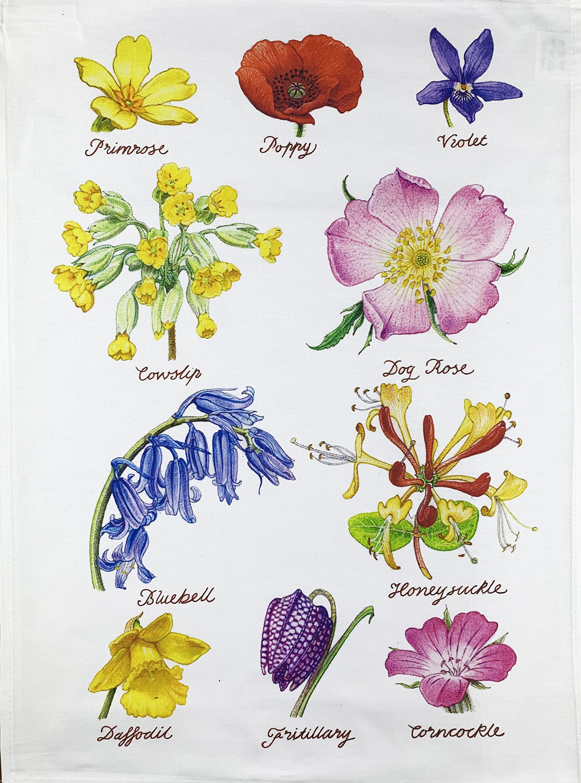 Half A Donkey White Hand Drawn Wild Flowers Collection Large Cotton Tea Towel