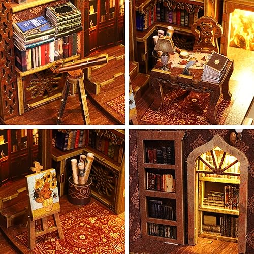 Miniatura 6 de Spilay Kit de montaje de rincón de libros en miniatura para casa de muñecas rompecabezas de madera 3D con luz de sensor kit de creatividad de