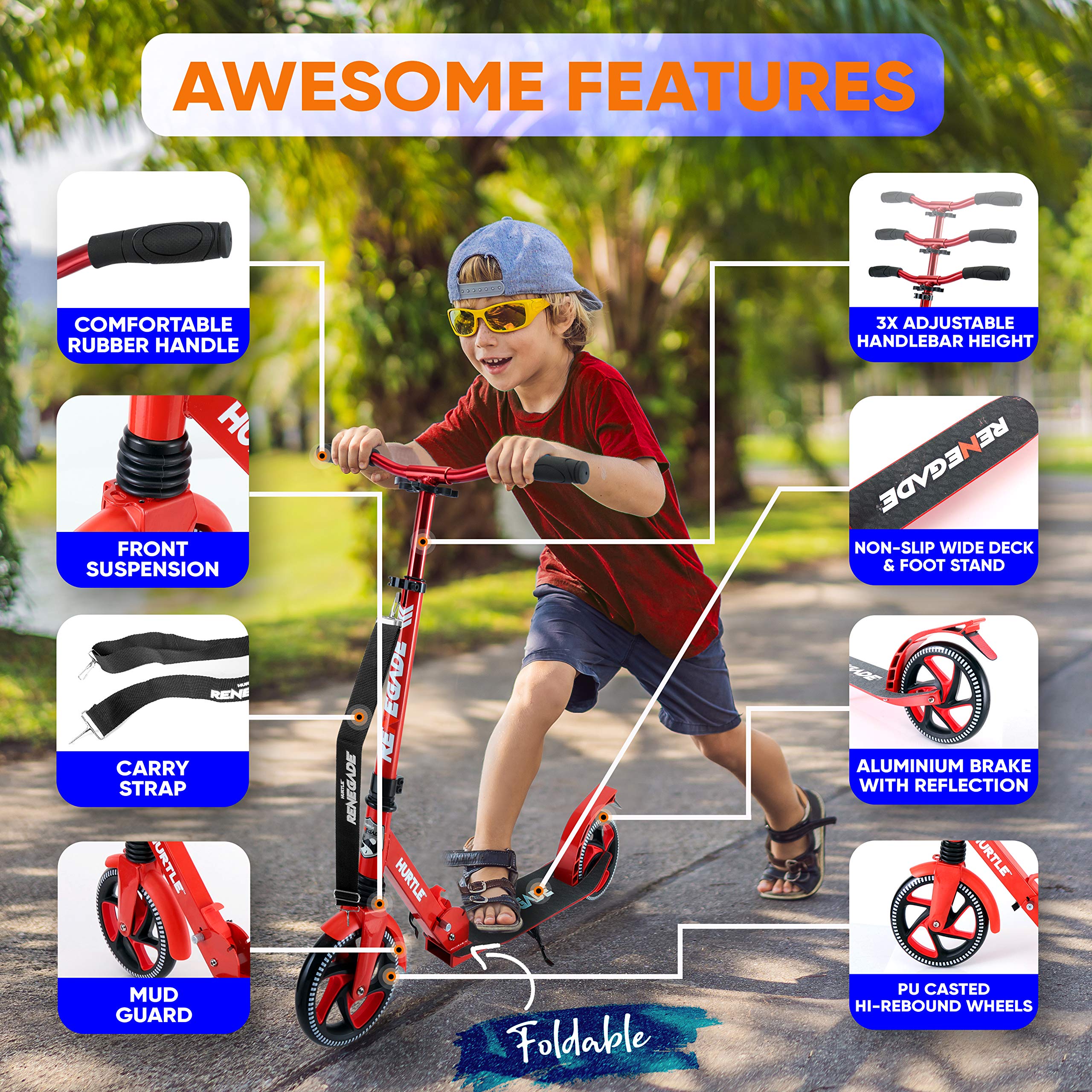Scooter – Scooter for Teenager – Kick Scooter – 2 Wheel Scooter with Adjustable T-Bar Handlebar – Folding Adult Kick Scooter with Alloy Anti-Slip Deck – Scooter with 8” Smooth Gliding Wheels by Hurtle