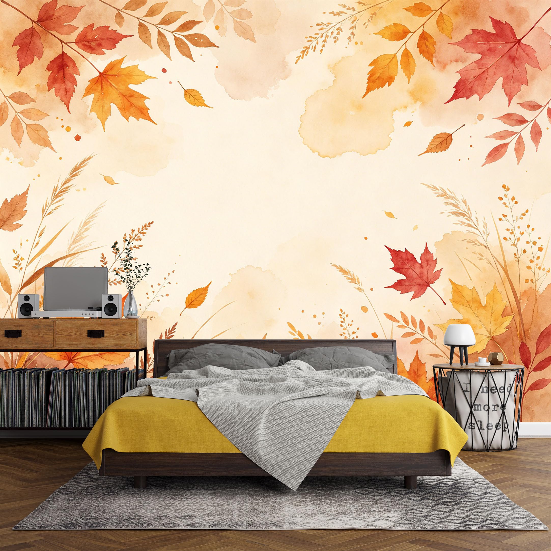 Custom Size Wall Mural， Botanical Autumn Maple Leaves Watercolor Fall Foliage Art，SelfAdhesive Art Prints wall Fabric (No PVC) Removable Wallpaper Living Room Decor