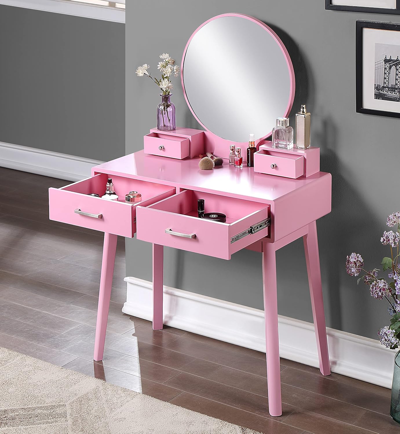 Luna Beauty Makeup Vanity Set with Large Round Mirror & Thick Cushioned Stool, Pink