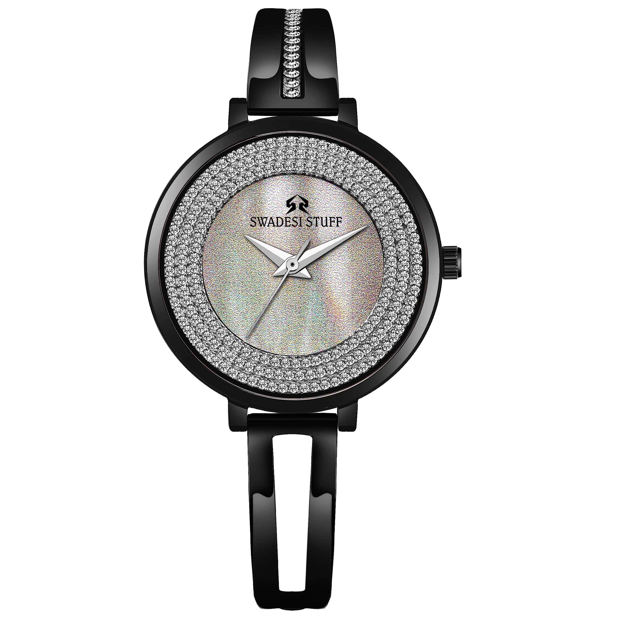 SWADESI STUFF Charm Diamond Ring Dial Premium & Luxurious Stainless Steel Black Bangle Strap Analog Watch for Women (B0C7MPK7LG) Amazon Price History, Amazon Price Tracker