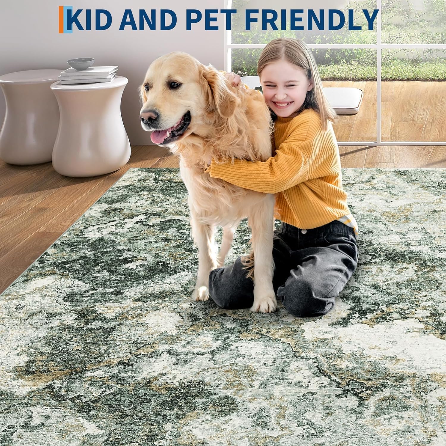 GarveeHome Washable Green Area Rug 5x7, Indoor Modern Abstract Non Slip Green Rugs for Living Room, Low Pile Ultra Thin Throw Carpet for Bedroom, Lightweight Foldable Floorcover for Home Office, 5'x7'