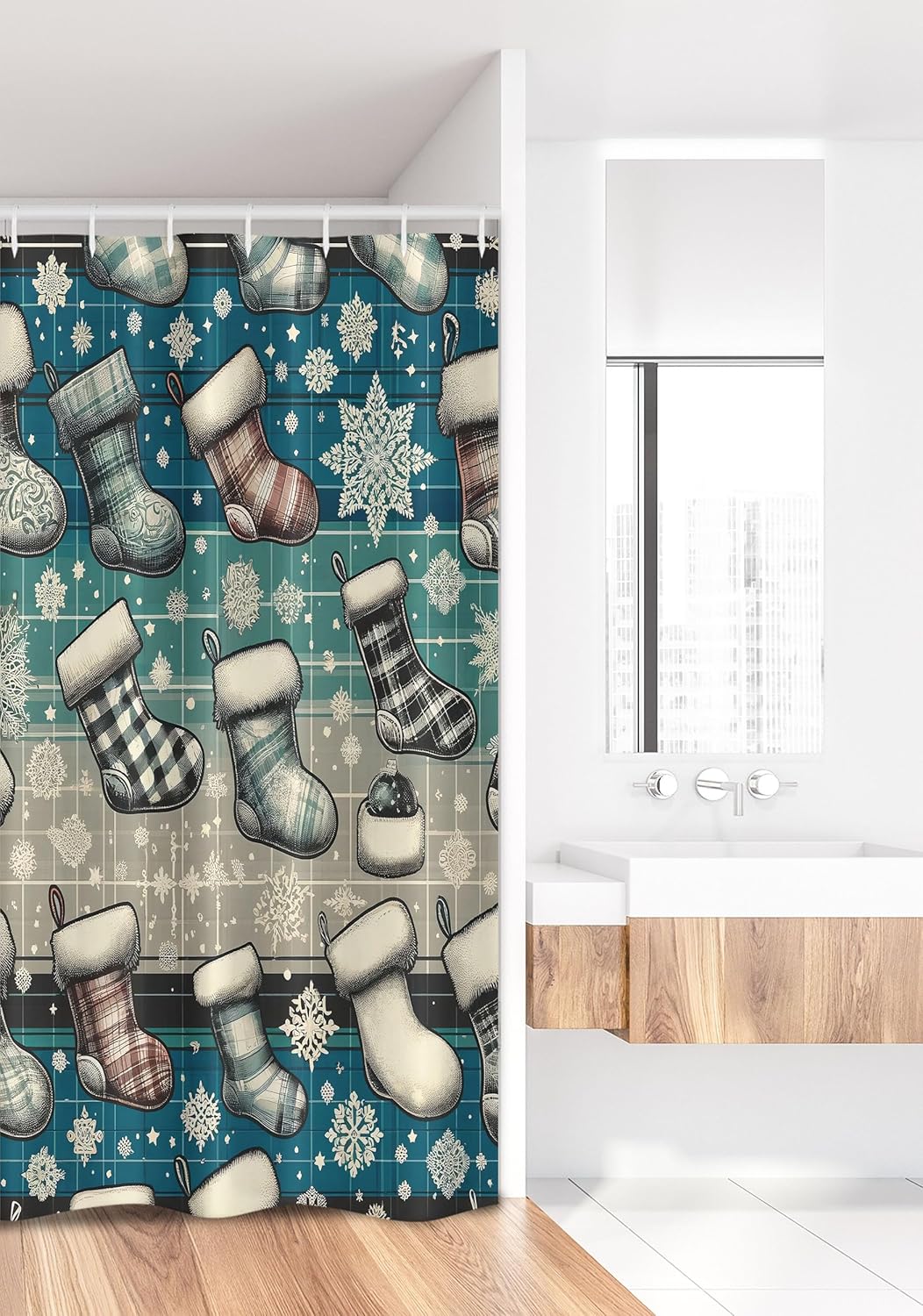 Ambesonne Christmas Stall Shower Curtain, Cold Greenish Detail Xmas Stocking with Tartan Lines and Snowflakes, Fabric Bathroom Decor Set with Hooks, 36" W x 72" L, Blue Dark Grey Off White