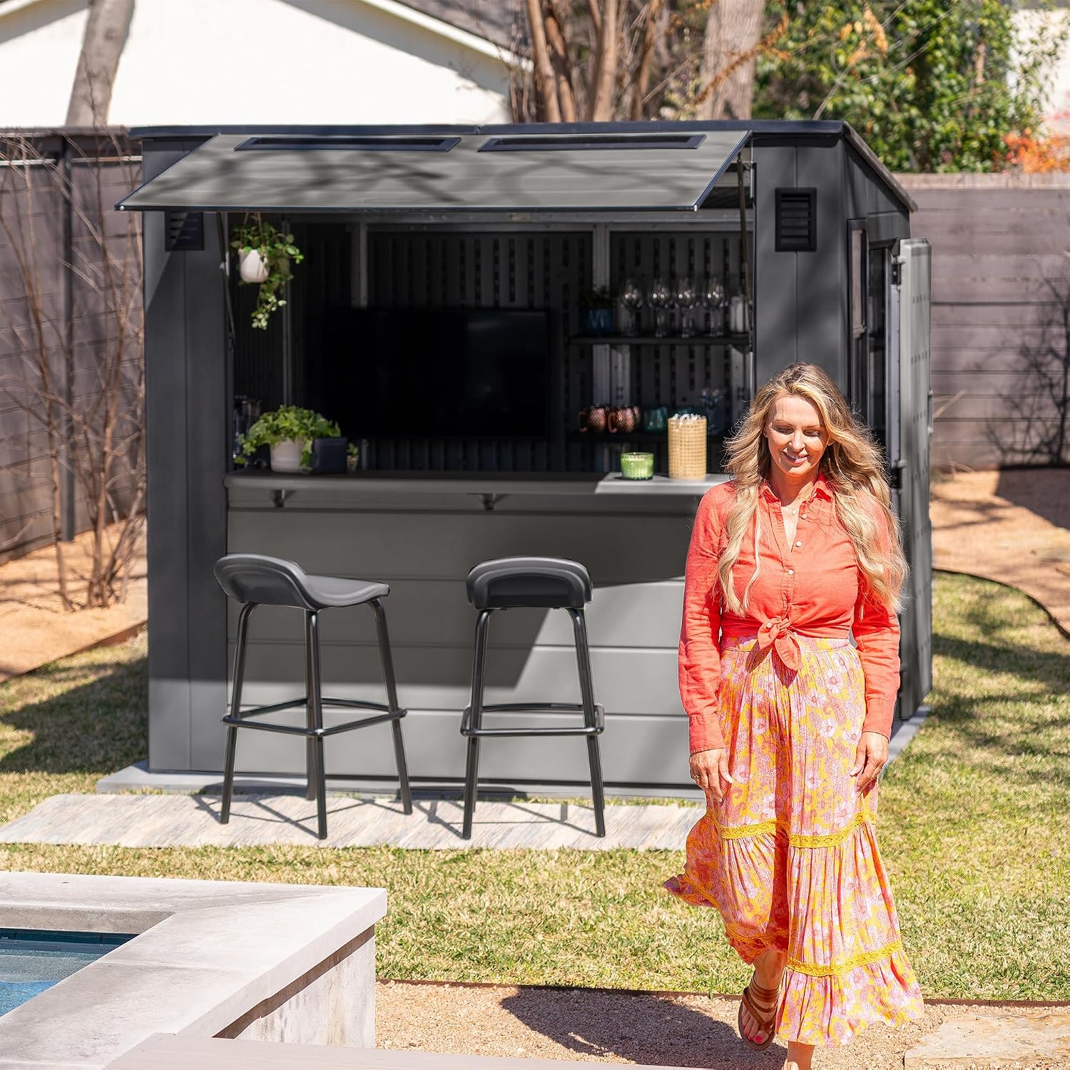 Suncast 8' x 7' Cabana Entertainment Storage Shed, All-Weather Outdoor Backyard Shelter with 2 Windows and Fold-Down Bar Top, Gray