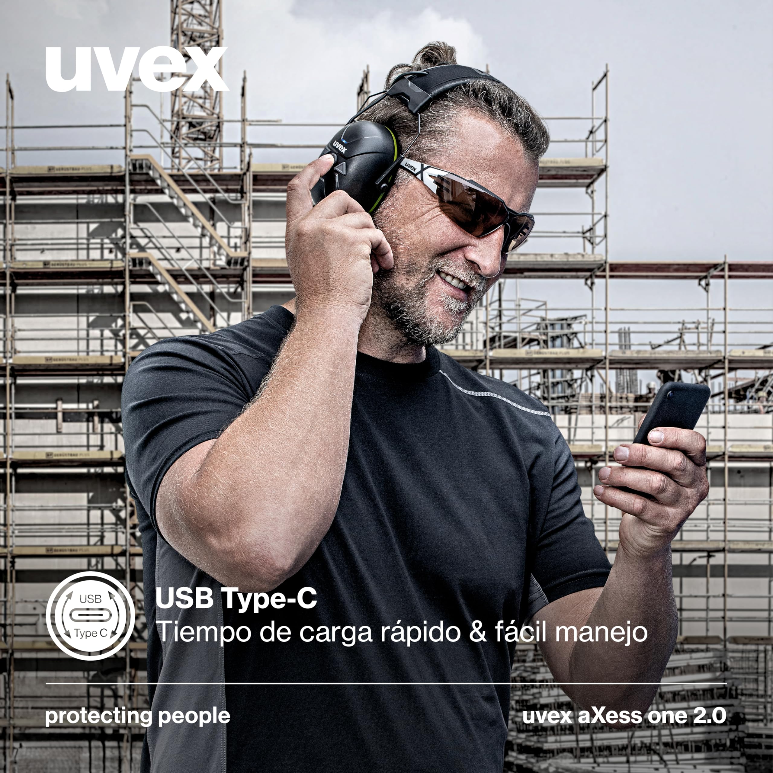 Uvex aXess One 2.0 - Protectores auditivos activos con tecnología Bluetooth 5.2 - SNR 31 dB e IP54 - Apto para exteriores - patillas robustas