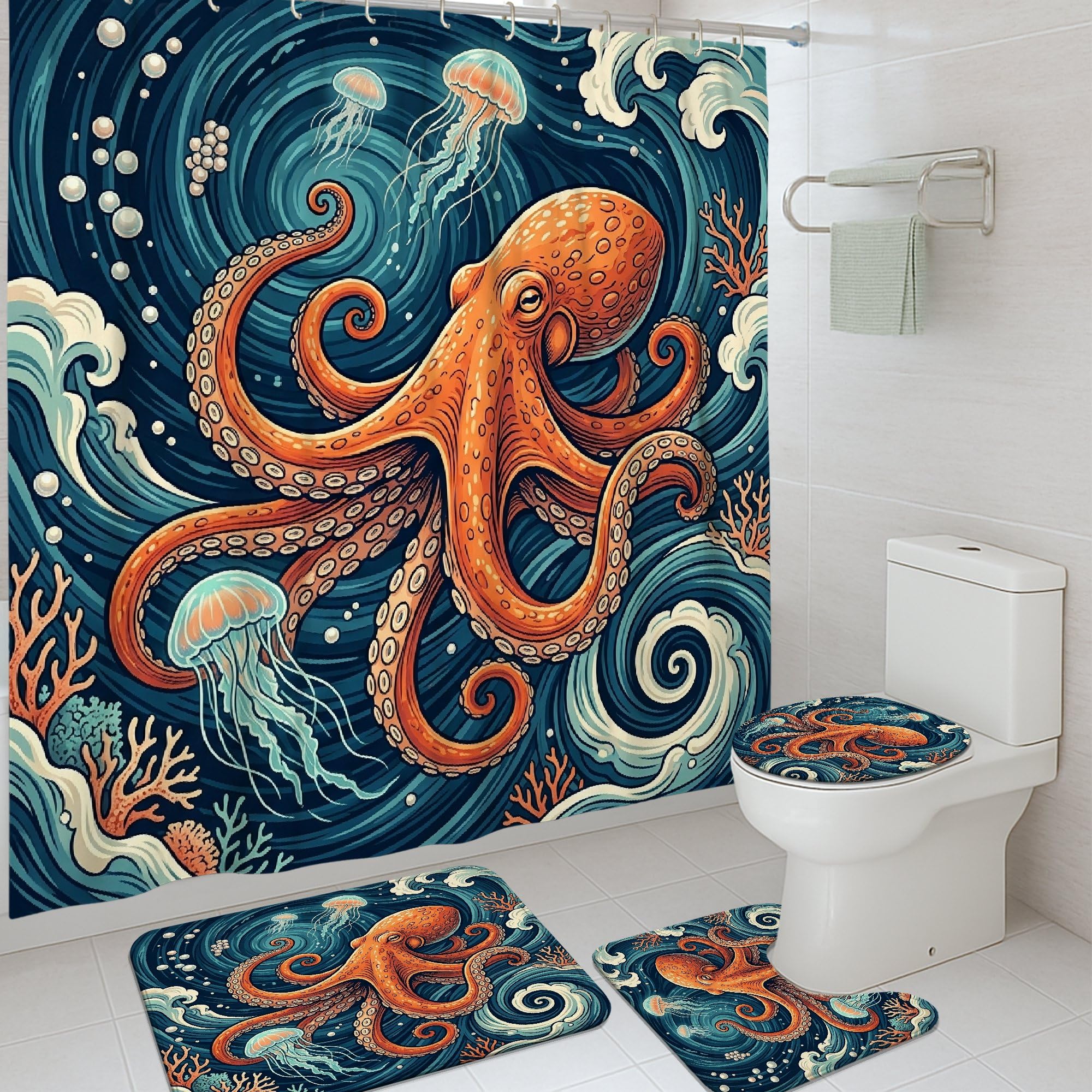 Rideau de douche lavable 183x183 cm et tapis hydrophobe pour stopper l'humidité