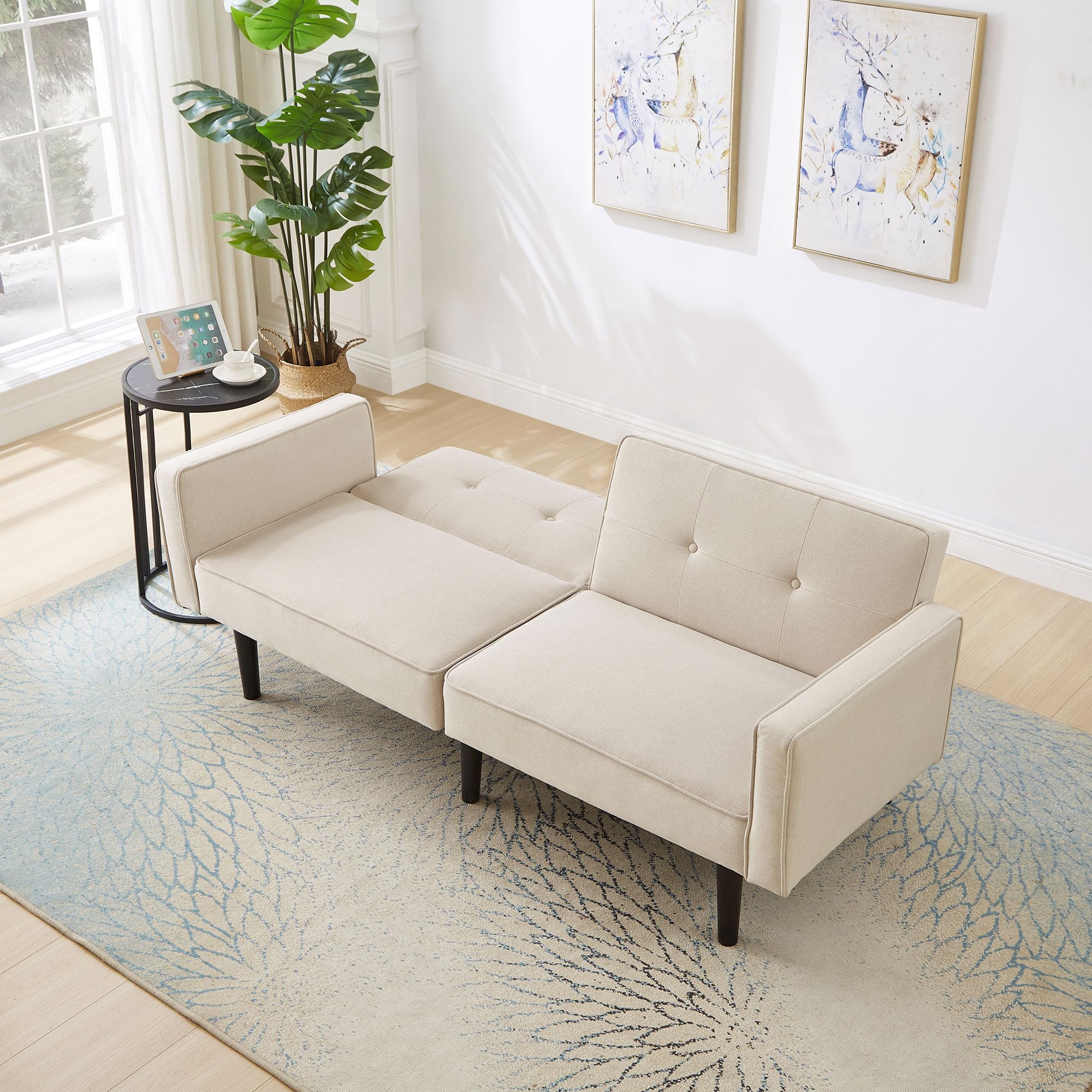 2 Sitzer Sofa mit Schlaffunktion, Unabhängig Verstellbare Doppelrückenlehnen, Klappcouch mit Schlaffunktion, 6 Holzbeine, Weiches Sitzgefühl, Schlafsofa, Klappsofa, 176 X 76 X 74 cm (Beige) Küche, Haushalt & Wohnen