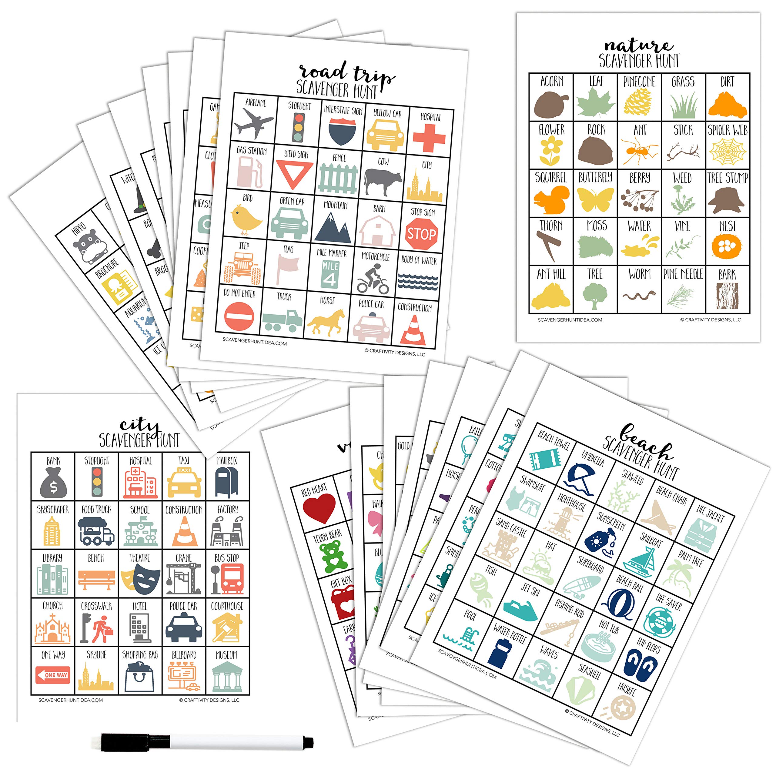 Scavenger Hunt for Kids, Set of 20 Different Games, Dry-Erase (Marker Included)