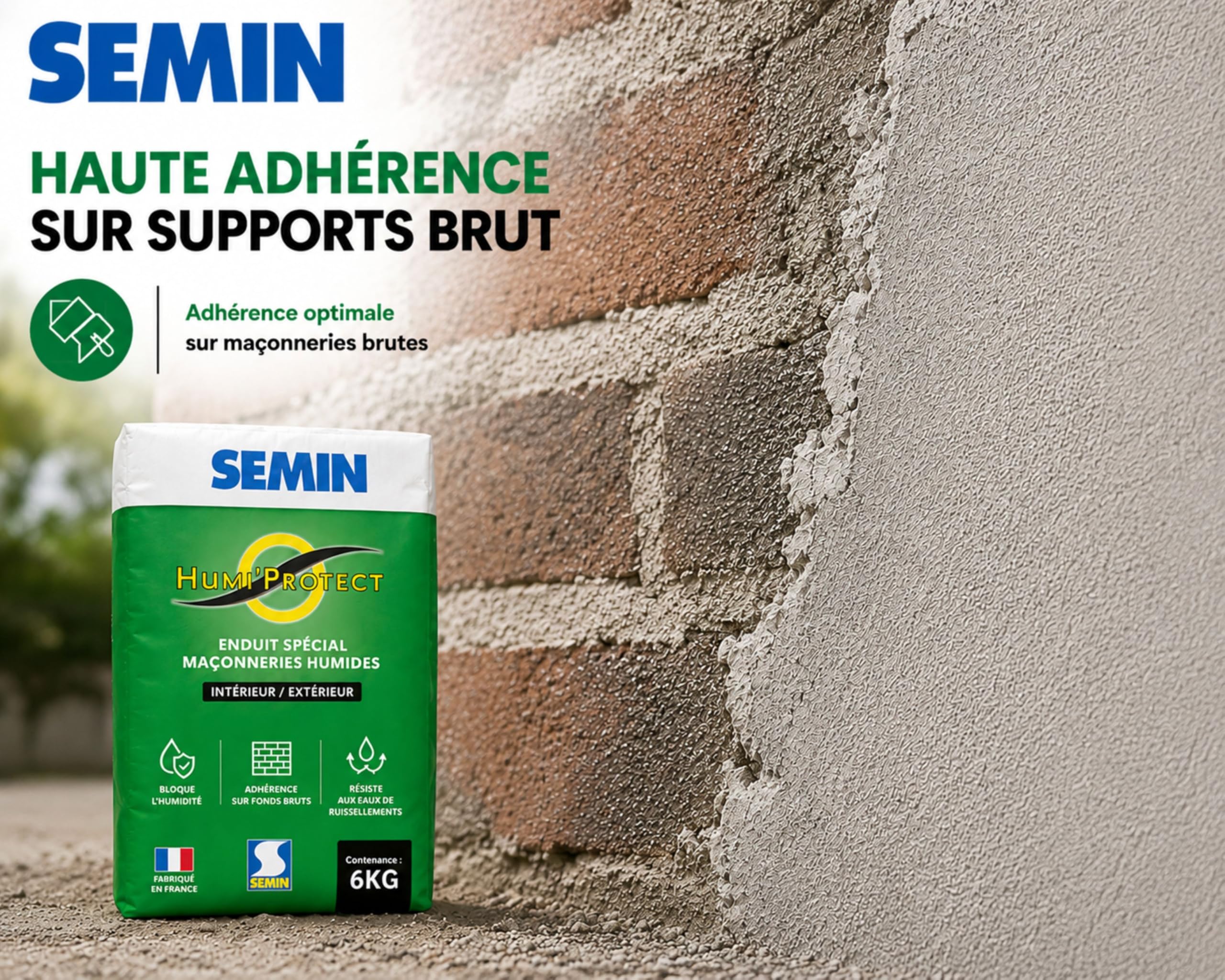 Semin Humi’Protect - Enduit Ciment Anti-Humidité - Traitement Maçonneries Humides - Intérieur & Extérieur - Cave, Sous-Bassement & Façade -Lot de 2 Sacs de 6 kg