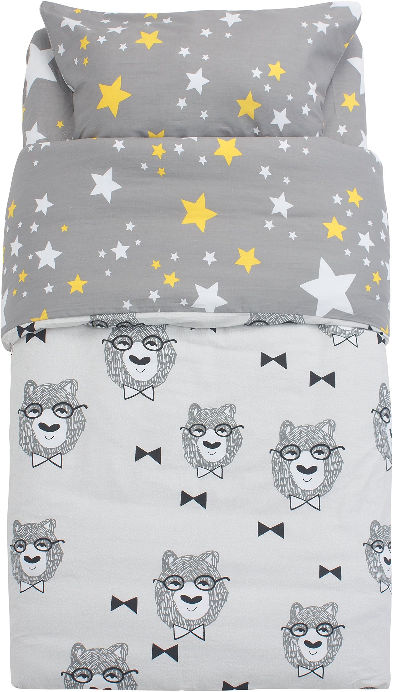 100% Cotton Toddler Bedding Set of 3 Bear with Stars Cute Refreshing Fitted Sheet + Comforter Cover + Pillow Case Environmental Cozy and Durable - Top Quality for Girls and Boys