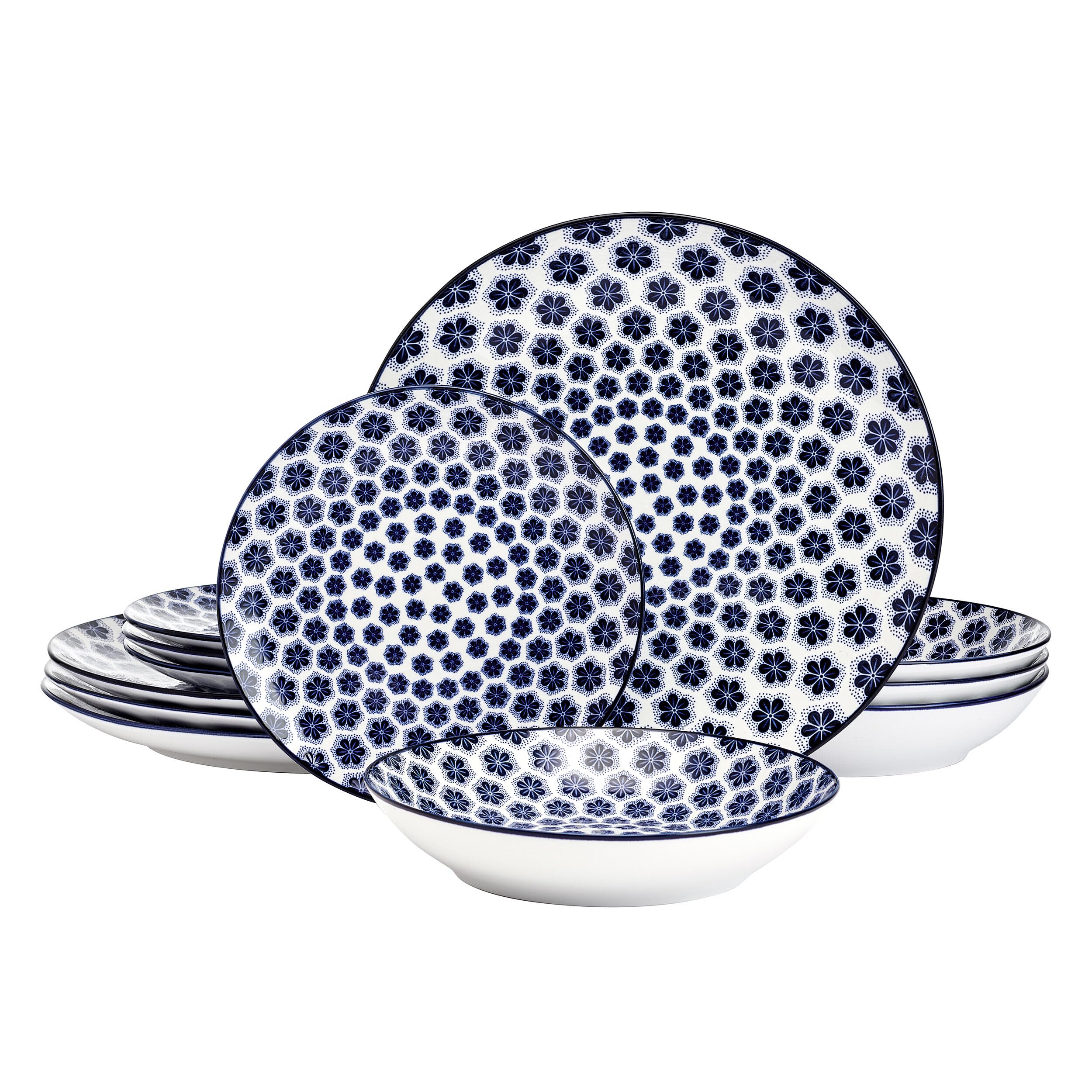 Pfaltzgraff Blooming Delight Floral 12 Piece Plates Bowls Dinnerware Set, Blue and White