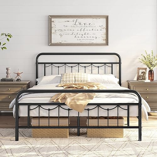 Miniatura 10 de Topeakmart Base de cama de metal individual con cabecera y estribo vintage, marco de cama de metal resistente de 13 pulgadas con almacenamiento,