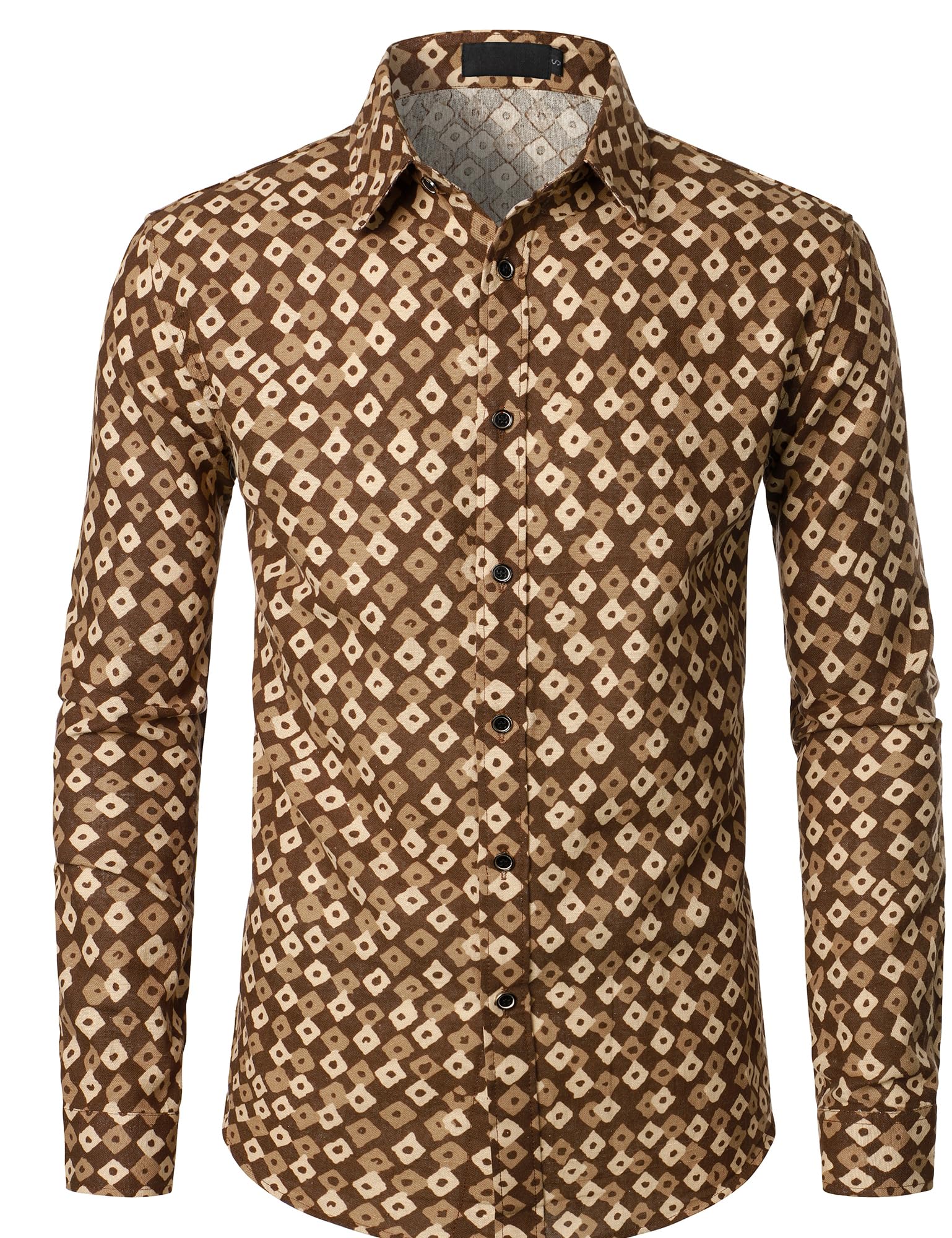 PARKLEES Men's Cotton Linen-Like 70s Disco Retro Traditional Pattern Printed Long Sleeve Button Down Shirt