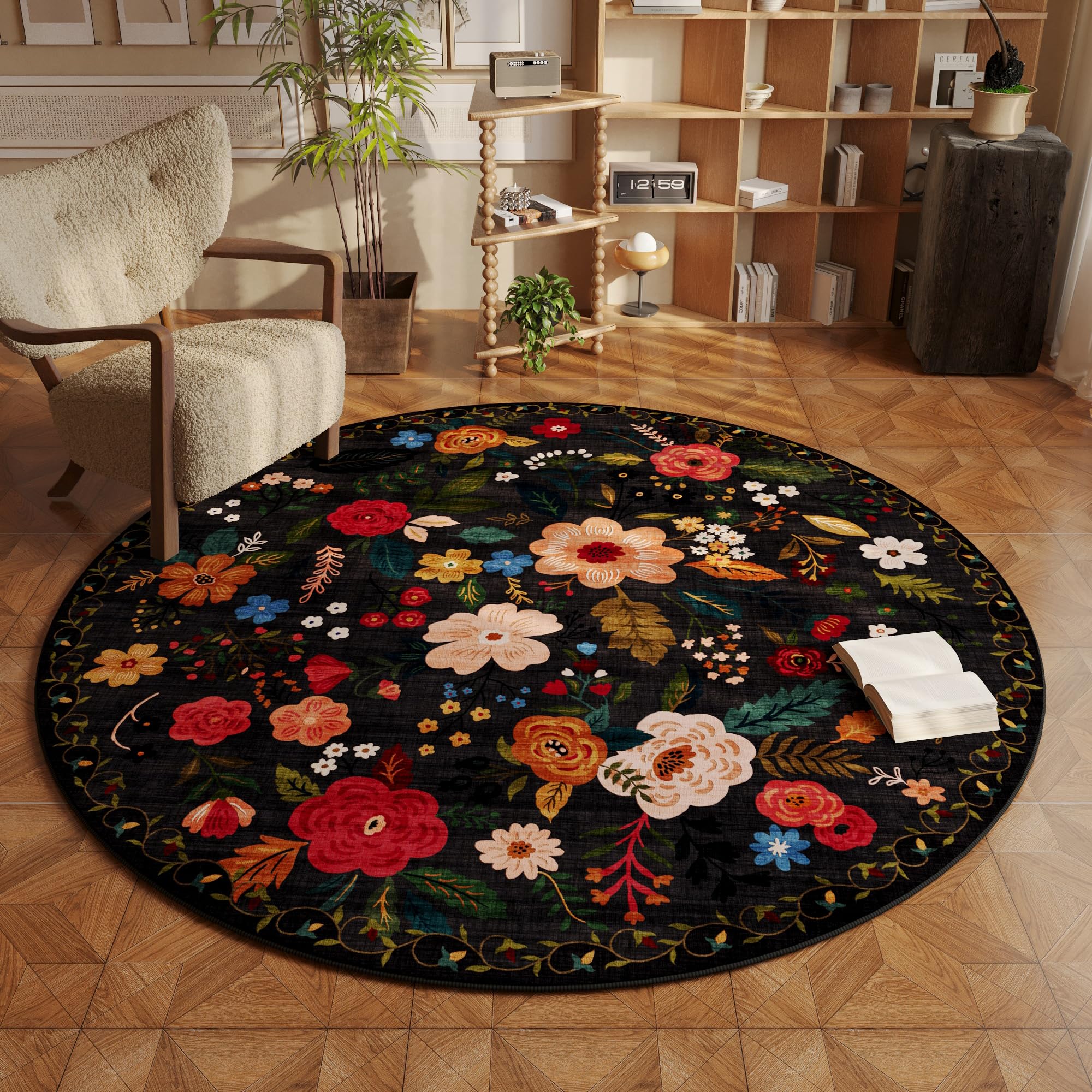 Rugcomf Round Rug 4ft Washable Circle Rug Non Slip Low Pile Boho Floral Small Circular Rug for Bedroom, Bathroom, Entryway, Kids Room, Office, College