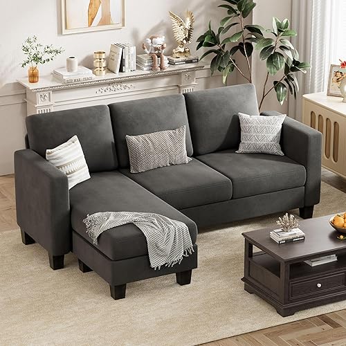 VICTONE Convertible Sectional Sofa Couch, 3 Seat L-Shaped Sofa with Linen Fabric Ottoman Small Couch for Small Apartments, Living Room and Office (Linen Fabric, Dark Gray) - Dark Gray - Linen Fabric