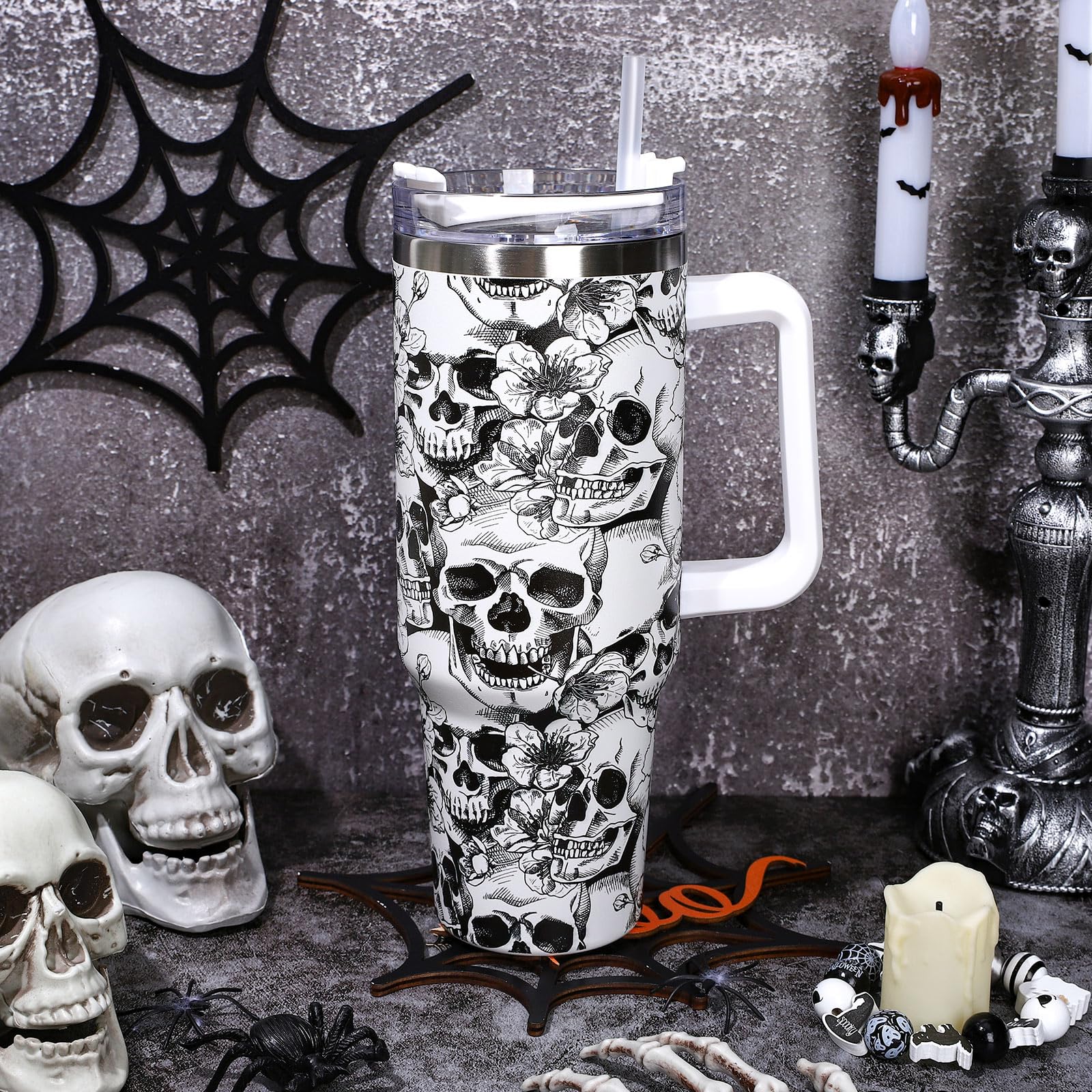 JUMBEAR Vaso De Calavera De Colores De 40 Onzas Con Asa Y Tapa Con