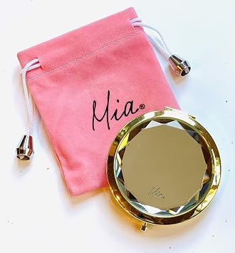 Mia Beauty Jeweled Compact Mirror | Make Up Purse Mirror | 2x/1x Double Sided | for Women, Bridesmaids, Gift | Gold Plated Metal + Clear Glass Rhinestone | 2.75 Inches Diameter