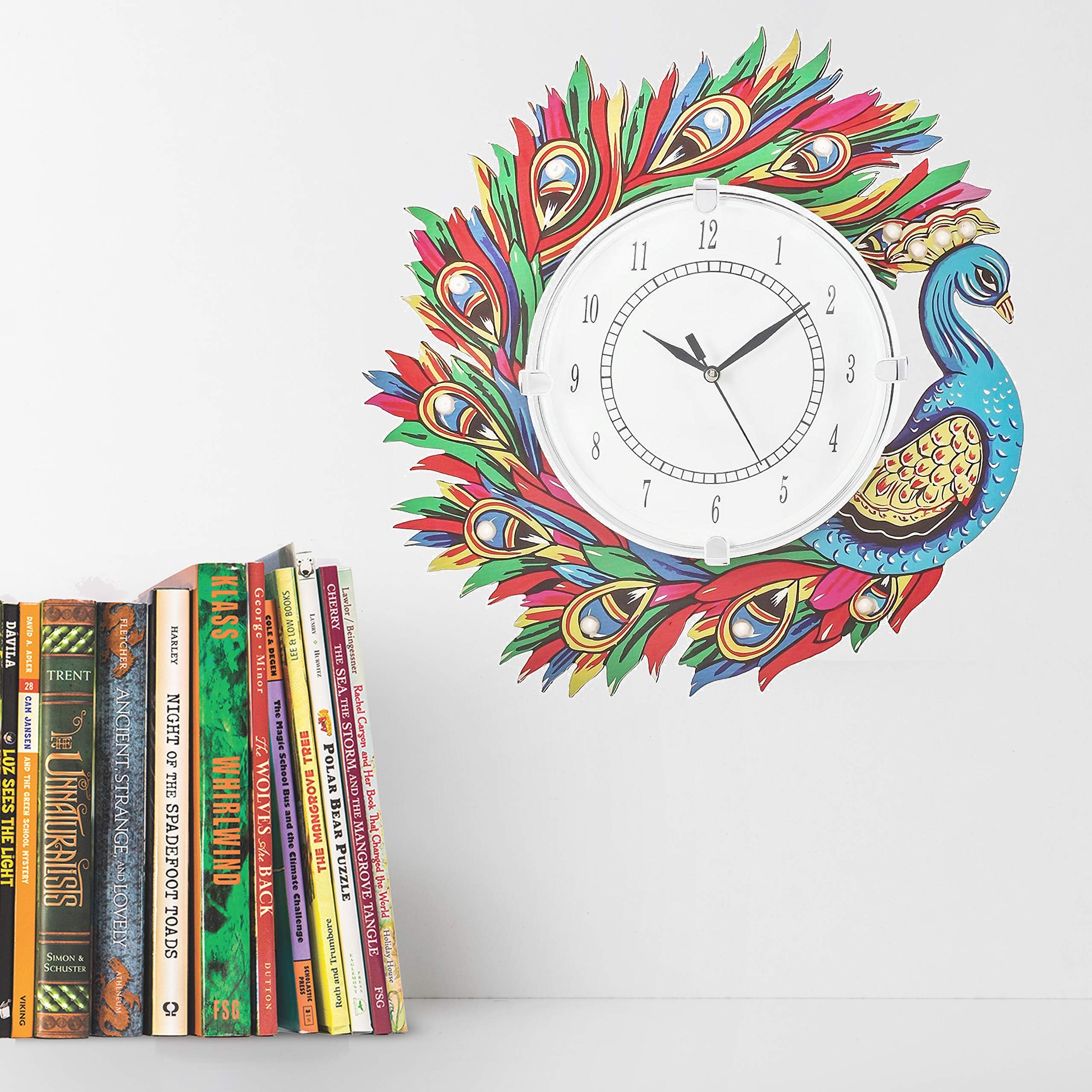 CAPIO ART Wooden Handicraft Peacock Theme Wall Clock | Round Quartz Analog Decorative Mounted Clock for Home & Office | Stylish Antique Design Wall Art for Gifting | 13 Inch (Multicolor_1)