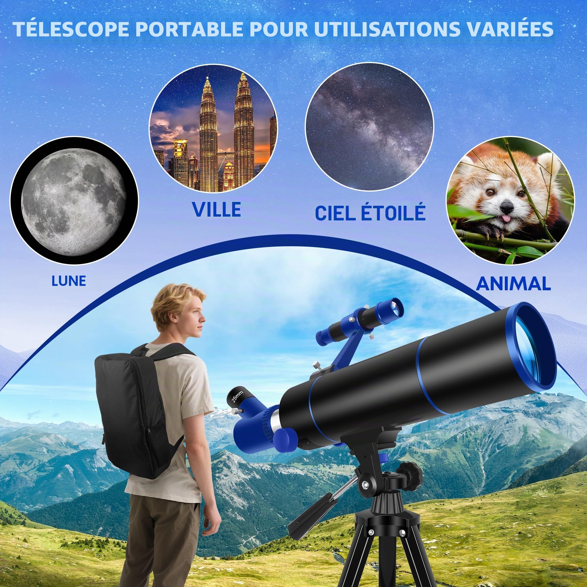 Télescope, 80 mm Ouverture 500 mm Telescope Astronomique Enfant et Adultes, Télescope de Voyage Compact et Portable pour Débutants avec Trépied, Adaptateur pour Téléphone, Sac à Dos et Autocollants