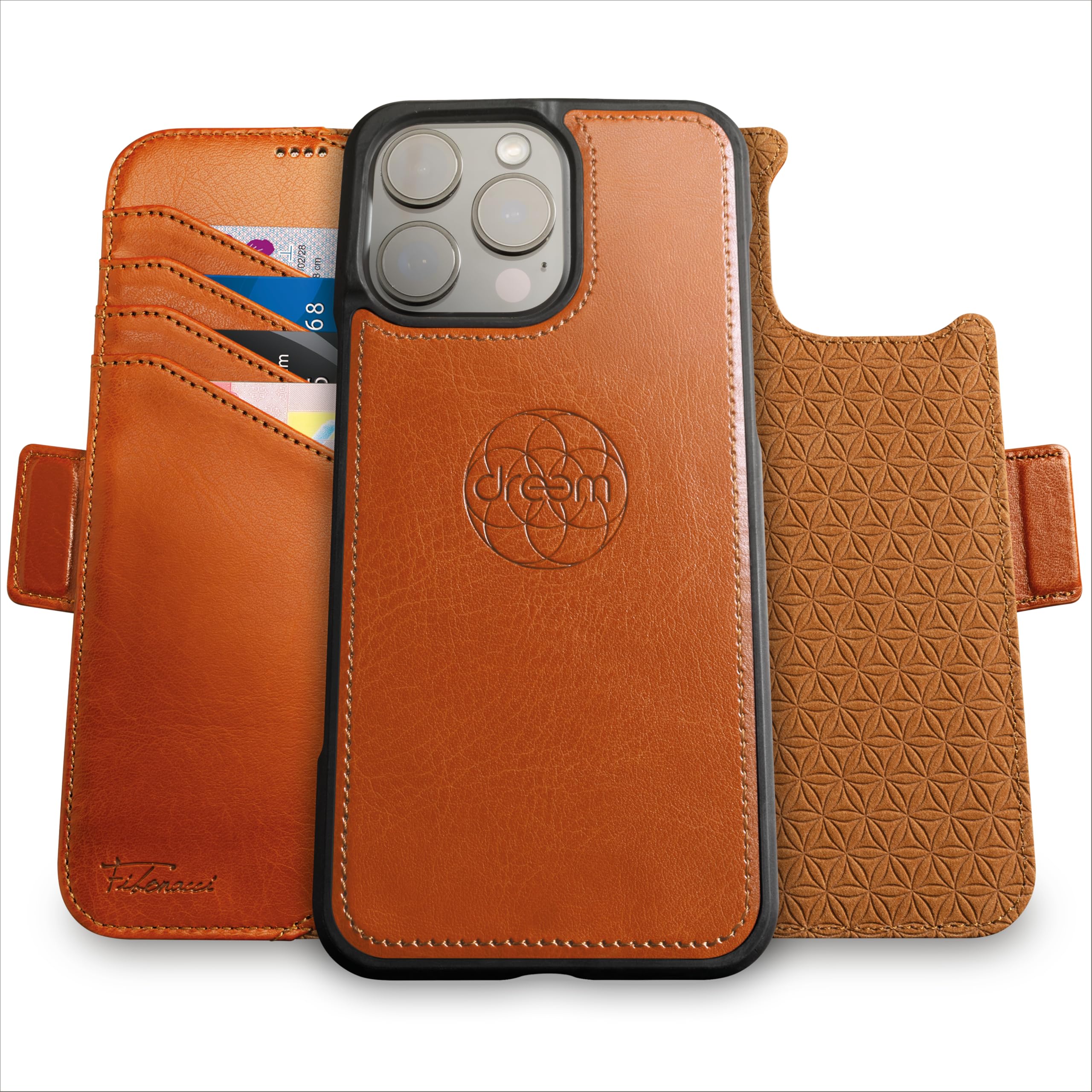 dreem Fibonacci Compatible with iPhone 16 Pro Max Wallet Case/2 in 1 Shockproof Case and Detachable Vegan Leather Folio, MagSafe Compatible, RFID Protection [Caramel] - 1