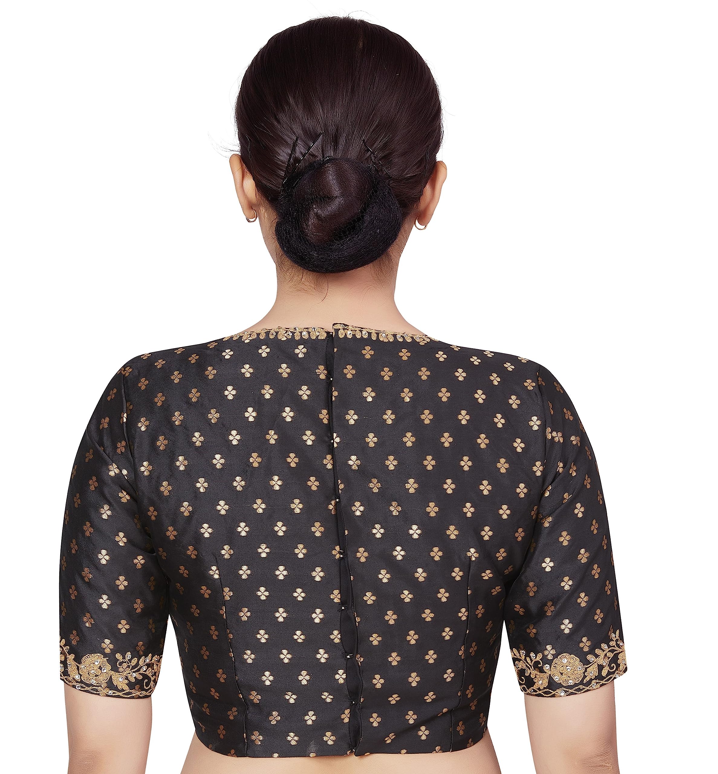 Studio Shringaar Women's Brocade Embroidered V-Neck Readymade Elbow Length Sleeves Saree Blouse (Black, 42) - Image 2 thumbnail