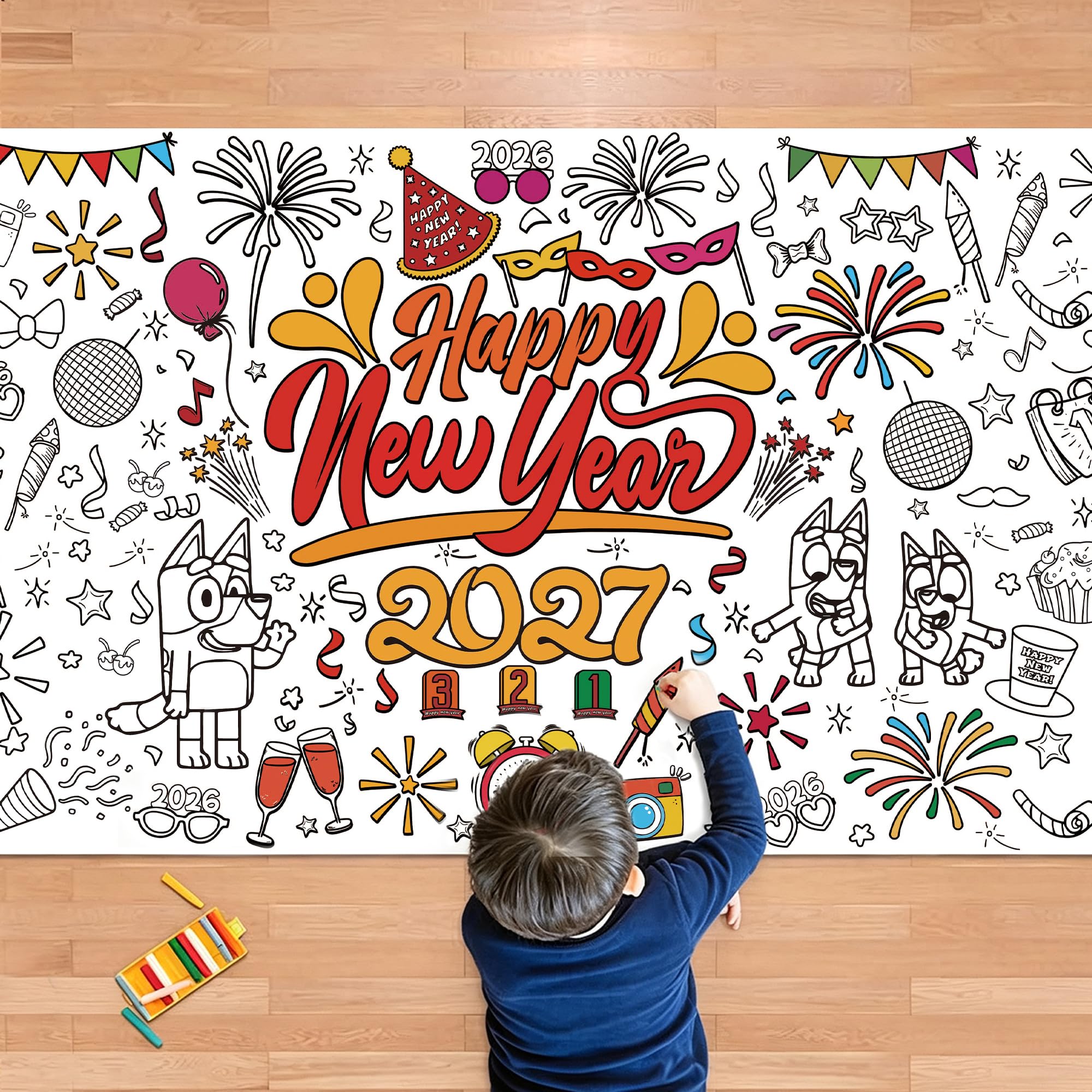 New Years Coloring Poster/Tablecloth - New Years Decorations 2027-30 x 72 Inches Jumbo Paper Coloring Banner - Kids Crafts Activities Gifts Games Party Favors Birthday Decorations