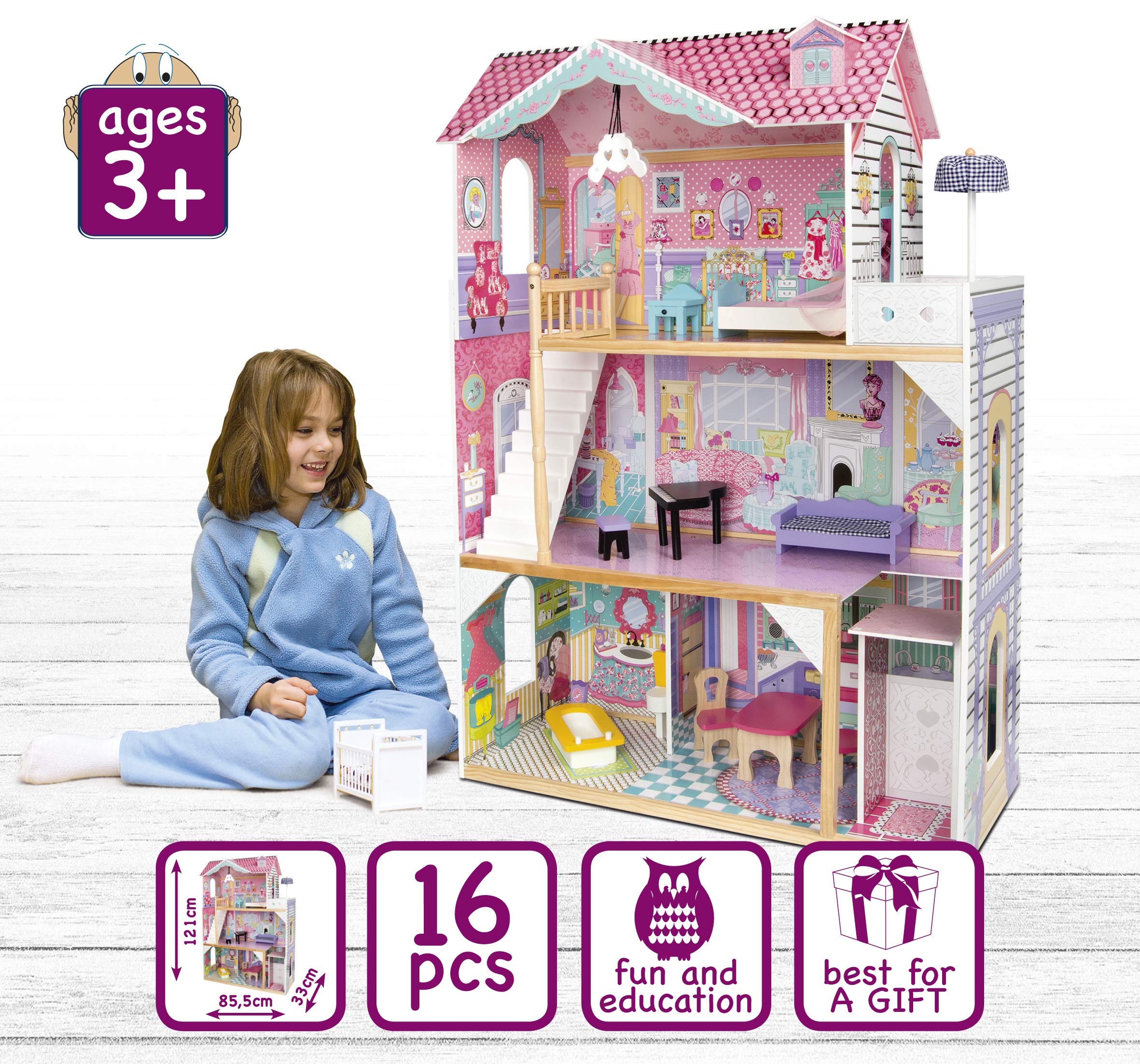 Casa delle Bambole in Legno Grande con Ascensore e Illuminazione, Villa a 3 Piani con Terrazza, Mobili e Accessori Inclusi, per Bambole fino 30 cm, Gioco di Ruolo Educativo, Regalo Bambini 3+