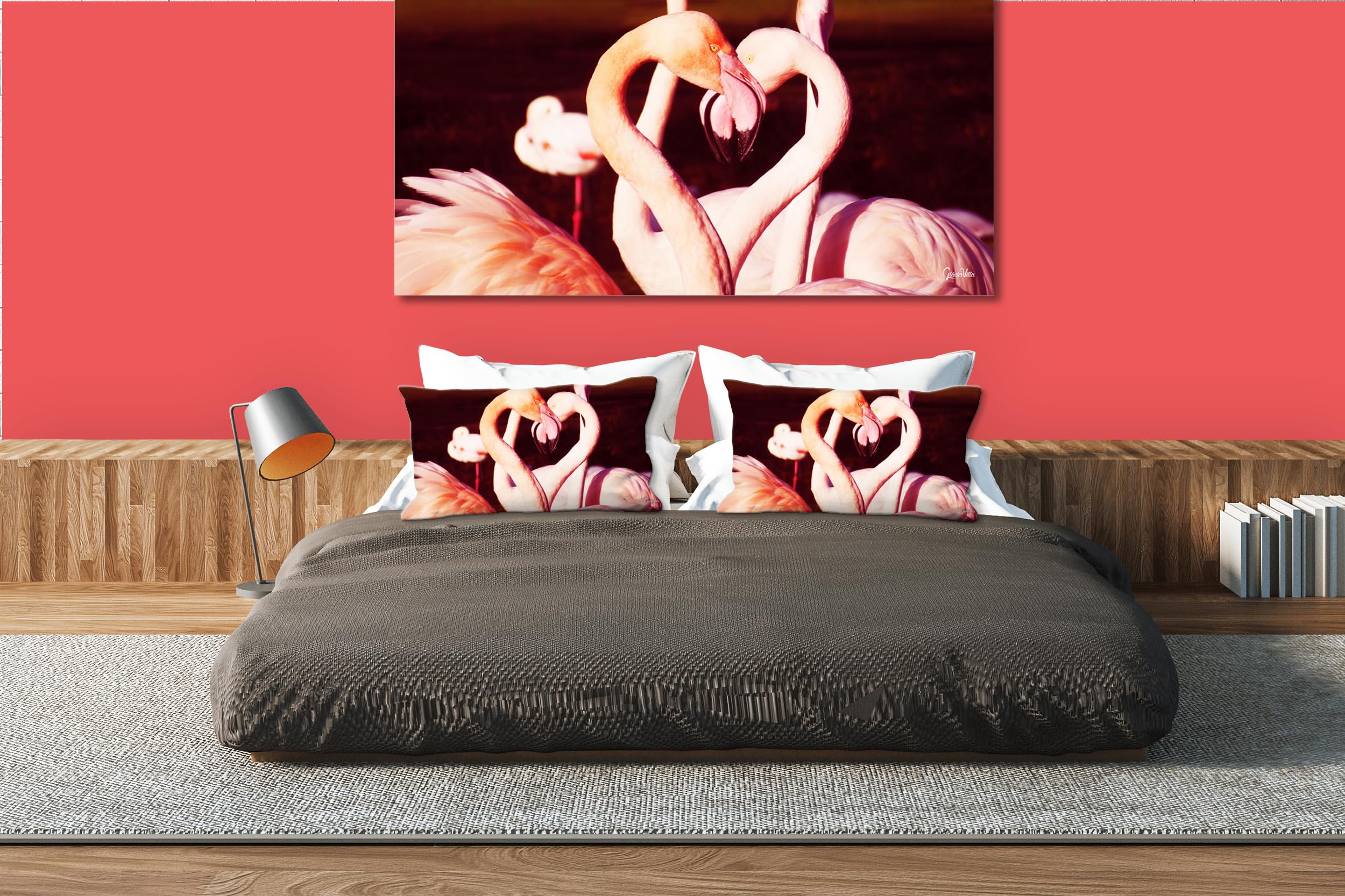 Glücksvilla - Flamingos in Love (Leinwand-Bild 2 cm, 160 x 80 cm) | div. Maße - aus DE - Kunstdruck Deko Wandbild quer - Vogel Tier See Meer Liebe Herz Frankreich
