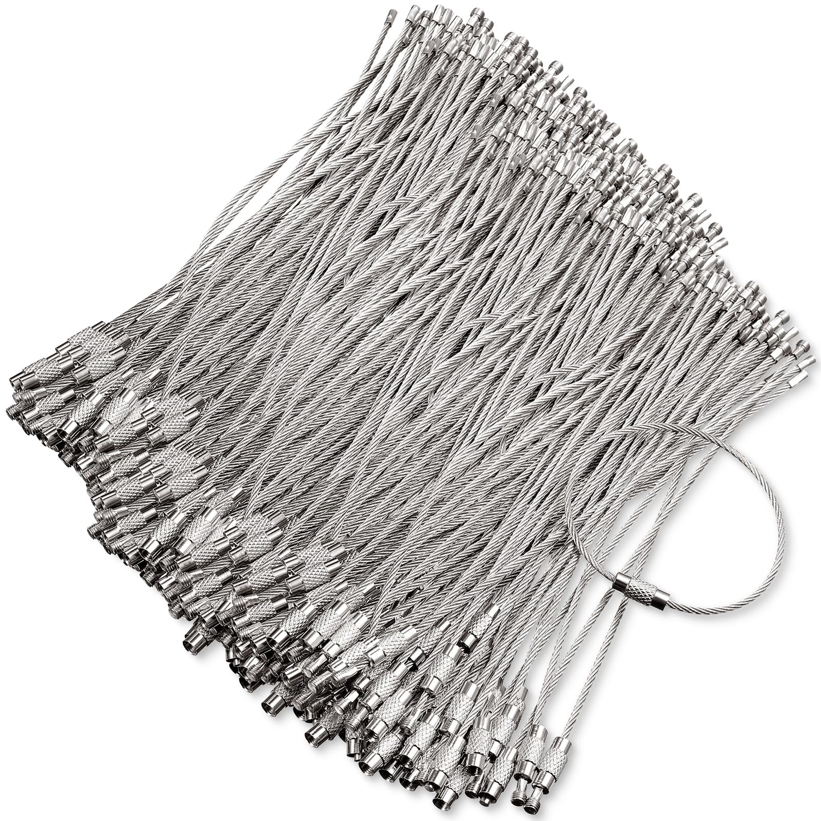 Hotop Filo portachiavi cavo 10,2 cm filo di acciaio inossidabile portachiavi cavo intrecciato in acciaio sfuso per etichette bagagli loop tag, Argento, about 0.06 x 4.33 inches