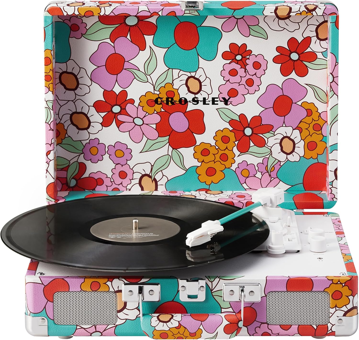 Crosley CR8005F-GF Cruiser Plus – Tocadiscos de vinilo vintage de 3 velocidades con Bluetooth y maleta con altavoces integrados, diseño floral