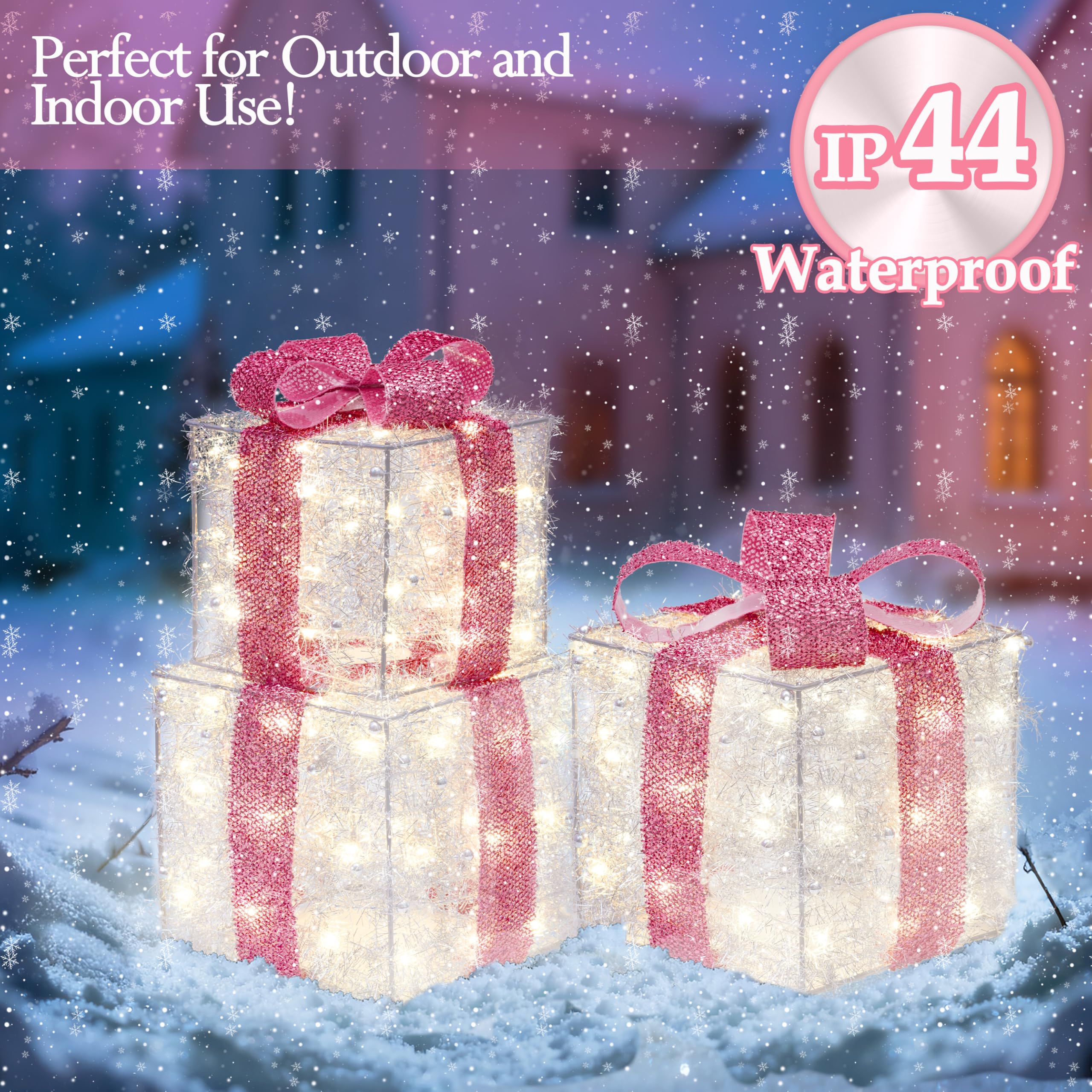 Christmas Decorations, 140 LEDs Set of 3 Lighted Gift Boxes with Silver Tinsel and  Bows, Warm White Present Boxes for Indoor Outdoor Holiday Party Yard Bedroom Home Xmas Decor