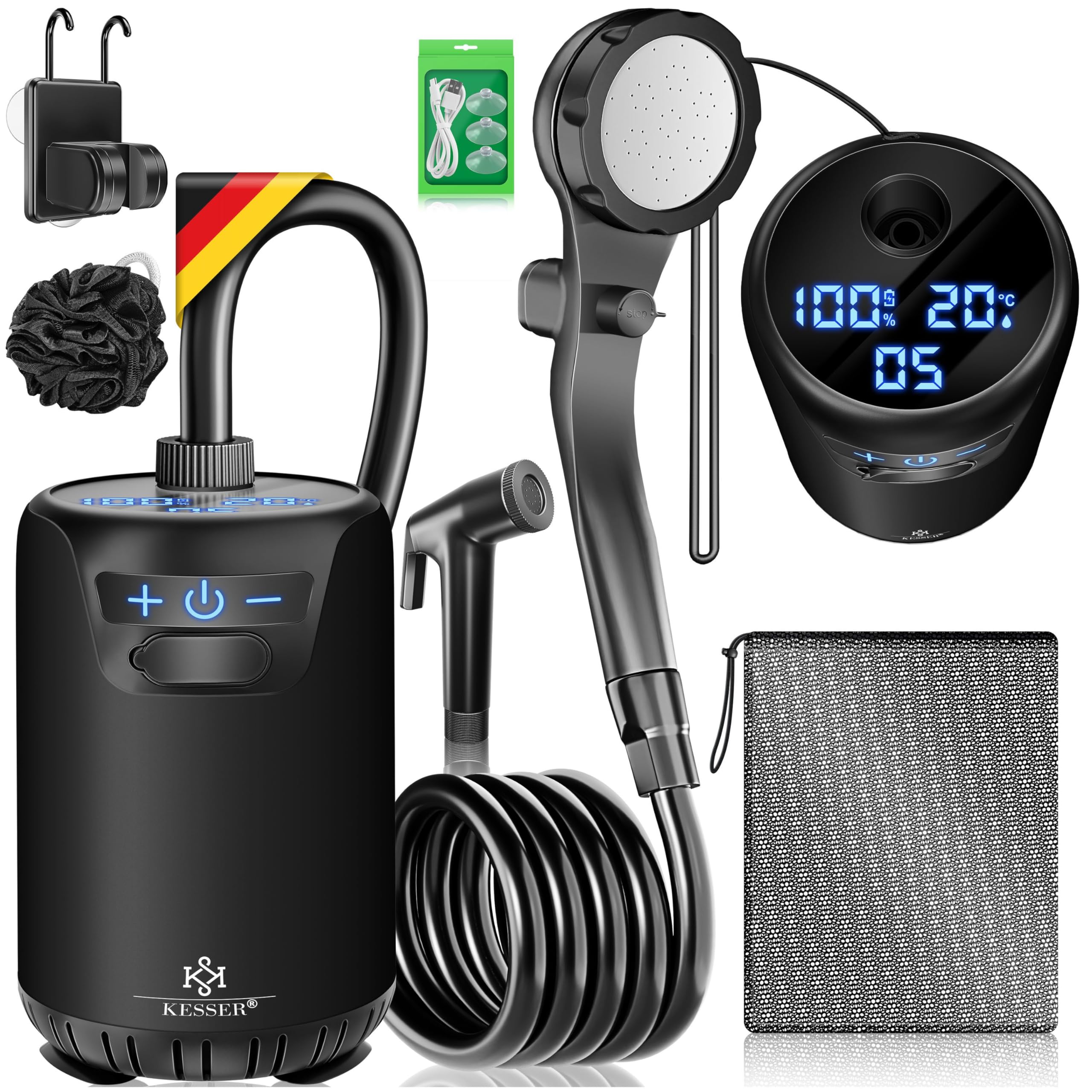 KESSER® Campingdusche Solardusche mit Pumpe & wiederaufladbarem Akku 8000mAh Mobile Dusche | Camping Dusche Set inkl. einstellbarem Duschkopf, 2m Schlauch, Sprühpistole & Halterung
