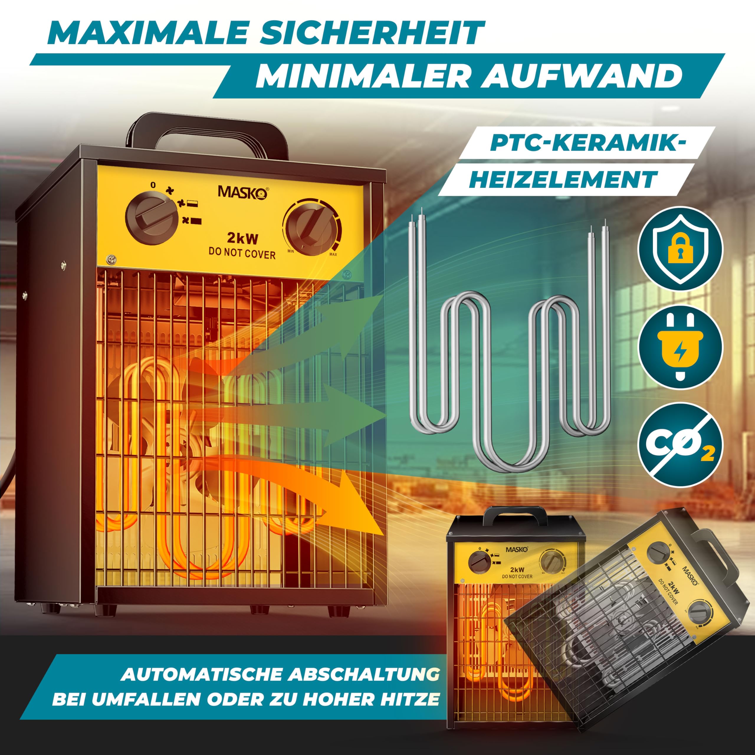 Masko Chauffage électrique 2kW avec thermostat intégré 2000W 3 niveaux chauffage ventilateur protection surcharges