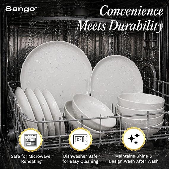 Sango 16-Piece Boho Farmhouse Stoneware Dinnerware Set for 4, Semi-Matte White Plates and Bowls Sets with Rustic Speckled Glaze, Ceramic Dish Set, Modern Dishes, Microwave & Dishwasher Safe, Kaya