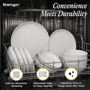 Sango 16-Piece Boho Farmhouse Stoneware Dinnerware Set for 4, Semi-Matte White Plates and Bowls Sets with Rustic Speckled Glaze, Ceramic Dish Set, Modern Dishes, Microwave & Dishwasher Safe, Kaya