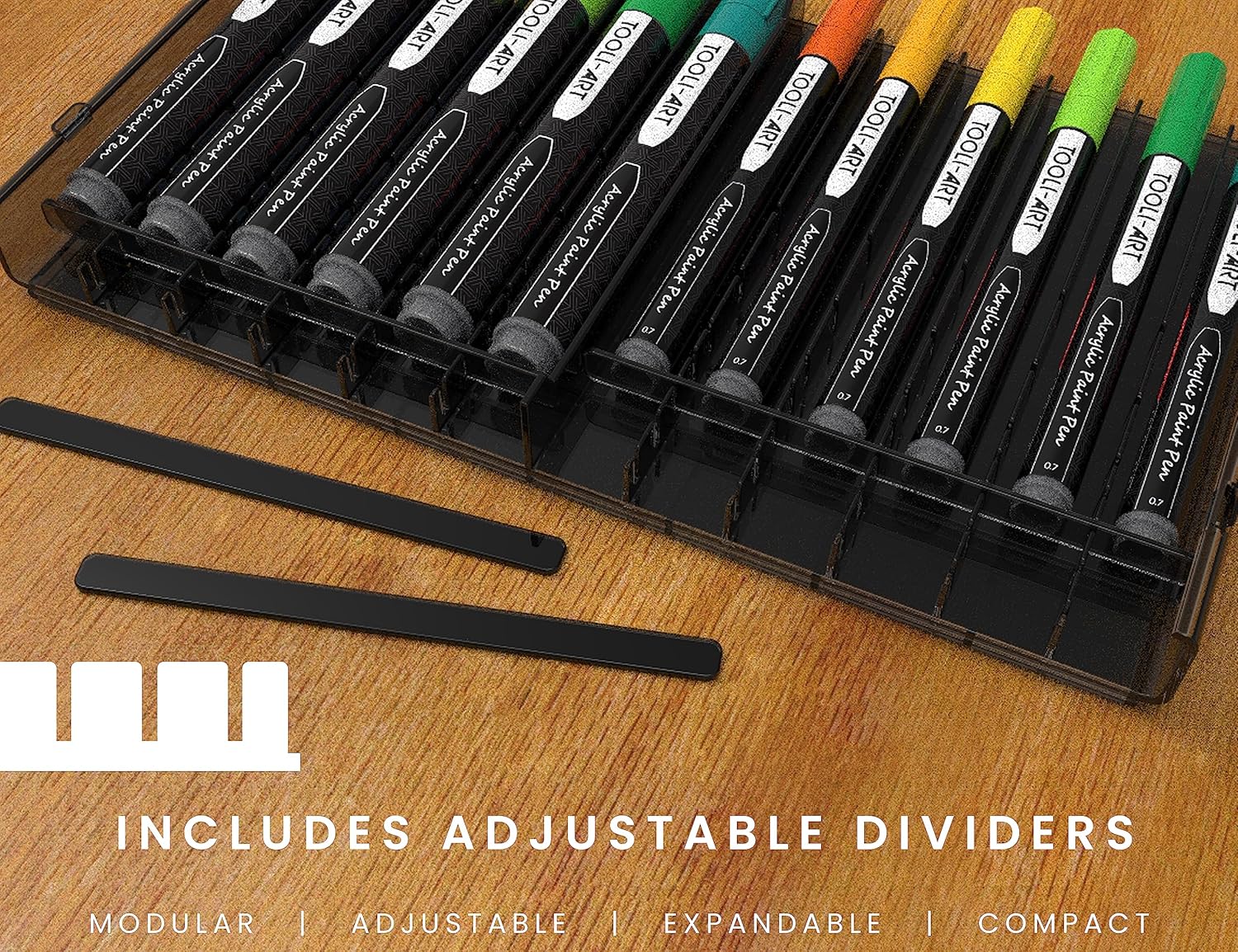 TOOLI-ART 72 Art Marker Storage Tray Desk Organizer Holder, Adjustable Dividers, Modular, Expandable, Stackable, Fit Most Pen, Pencil, Brushes. School, Home, Multi Purpose Tinted Plastic 6 Trays