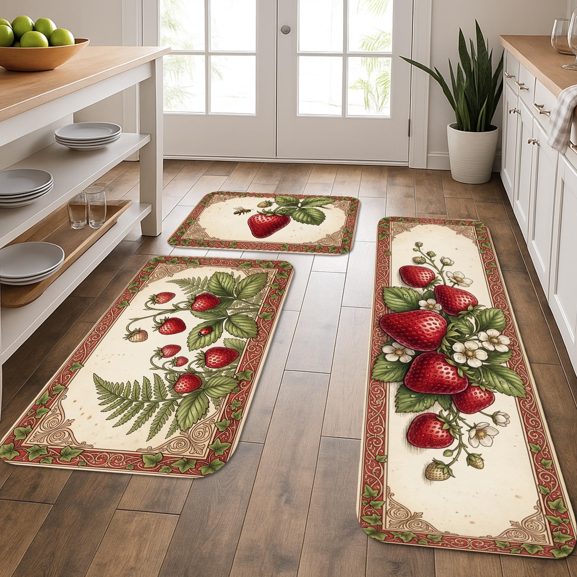 Tapetes de cocina de fresa de tacto suave y acolchado floral, set de 3 alfombras