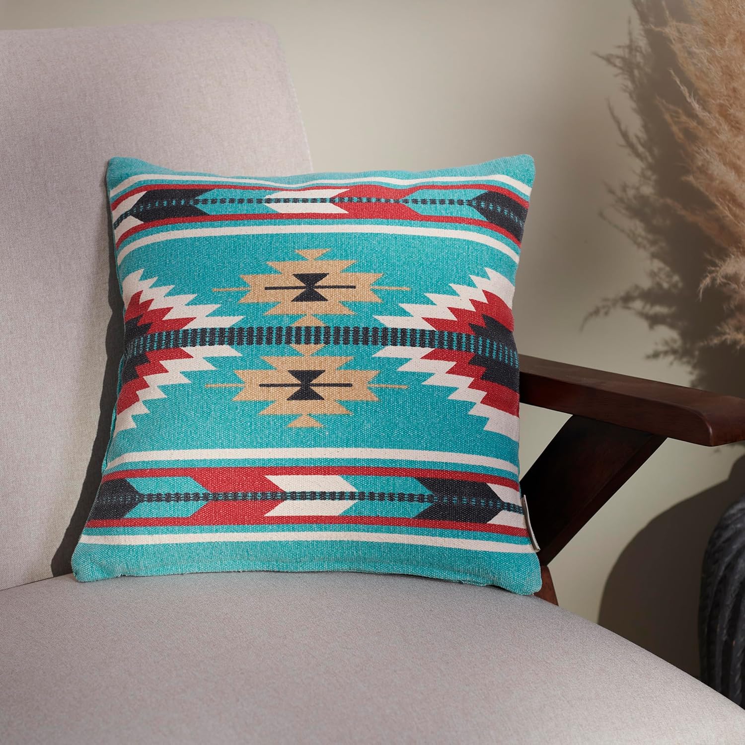 Primitives by Kathy Turquoise Western Pillow, Southwest Inspired Aztec Pattern, Coordinating Turquoise Back/Removable Zipper Cover/This 16x16 Throw Pillow adds Western Charm to Any Home Office Decor