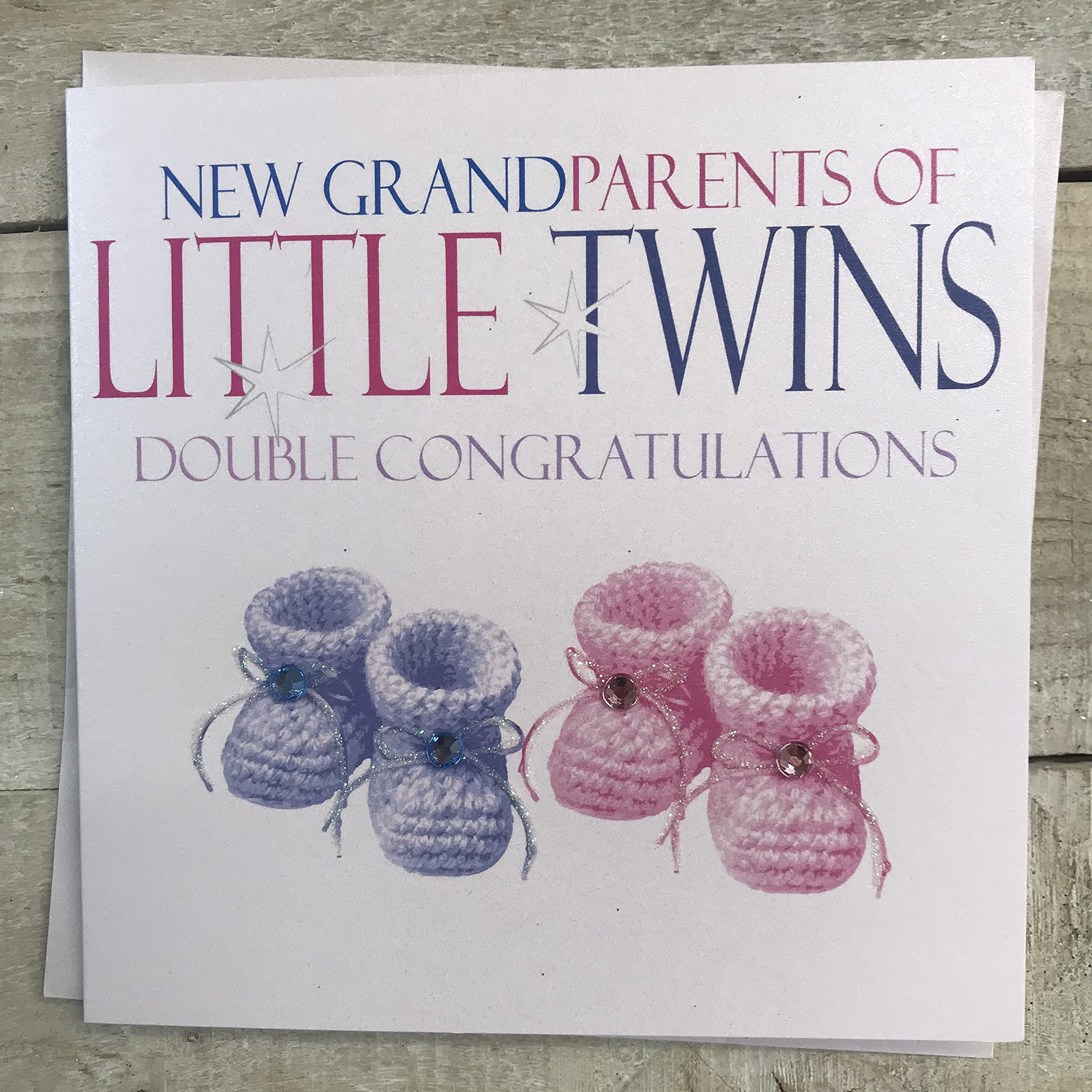 WHITE COTTON CARDS Grandparents Baby Card, Twins, Double Congratulations, Pink & Blue booties Handmade N226-G