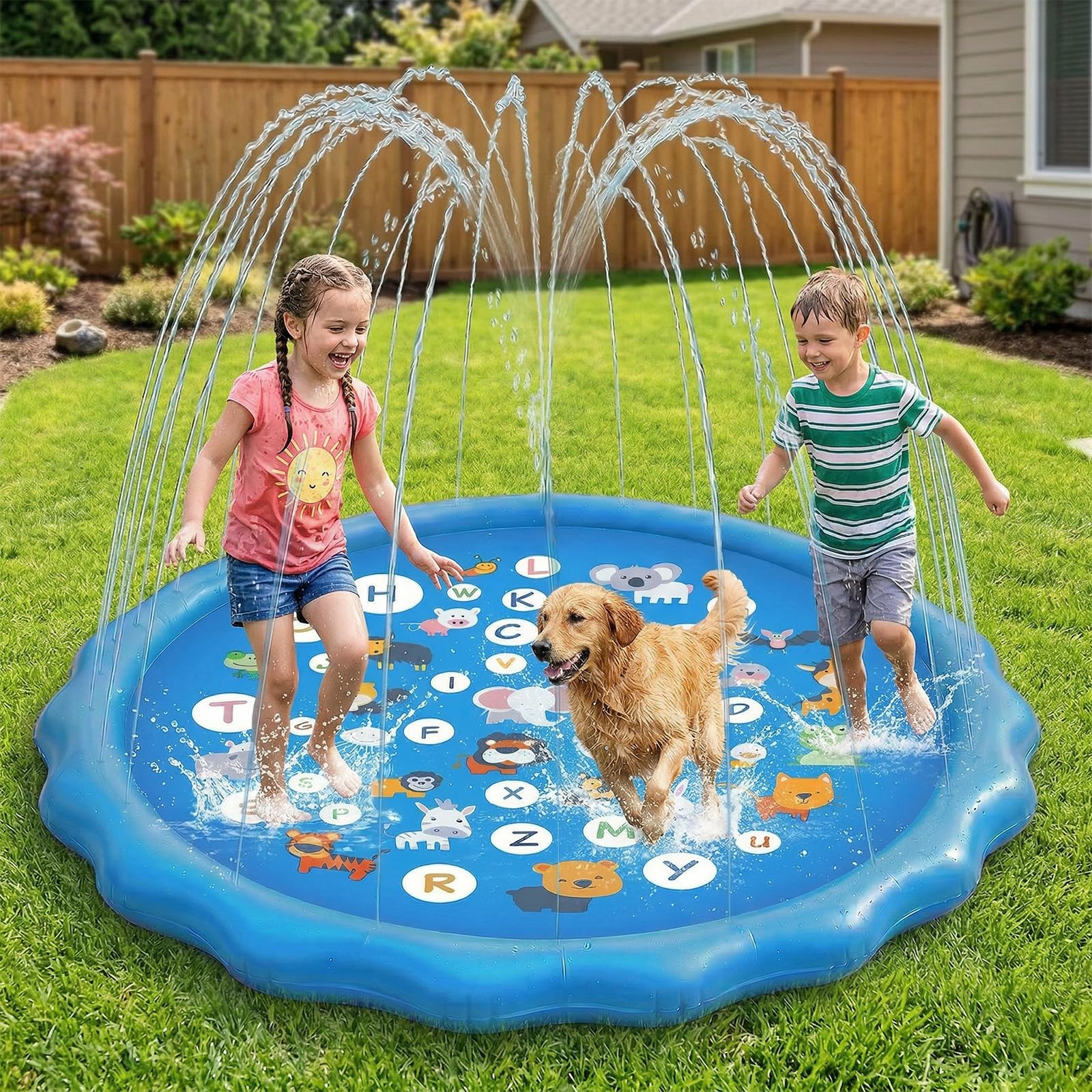 Ninonly Tapis Jet Deau Enfant 170cm PVC Splash Pad mit 3 Hauteur Ajustabl AntidéRapant Installation Rapide Tapis Eau Enfant Adulte Jardin,Piscine,Plage IdéAl pour L'éTé