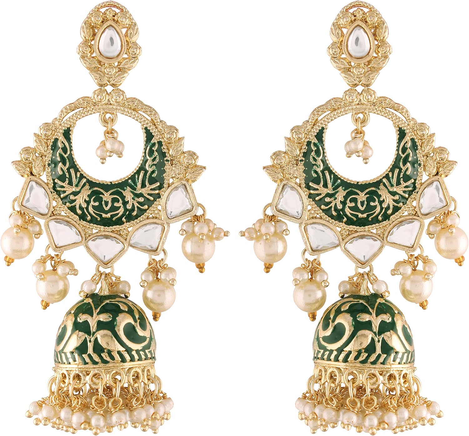 I Jewels Gold Plated Indian Traditional Bollywood Wedding Kundan Pearl Enamel with Jumka Earrings for Women